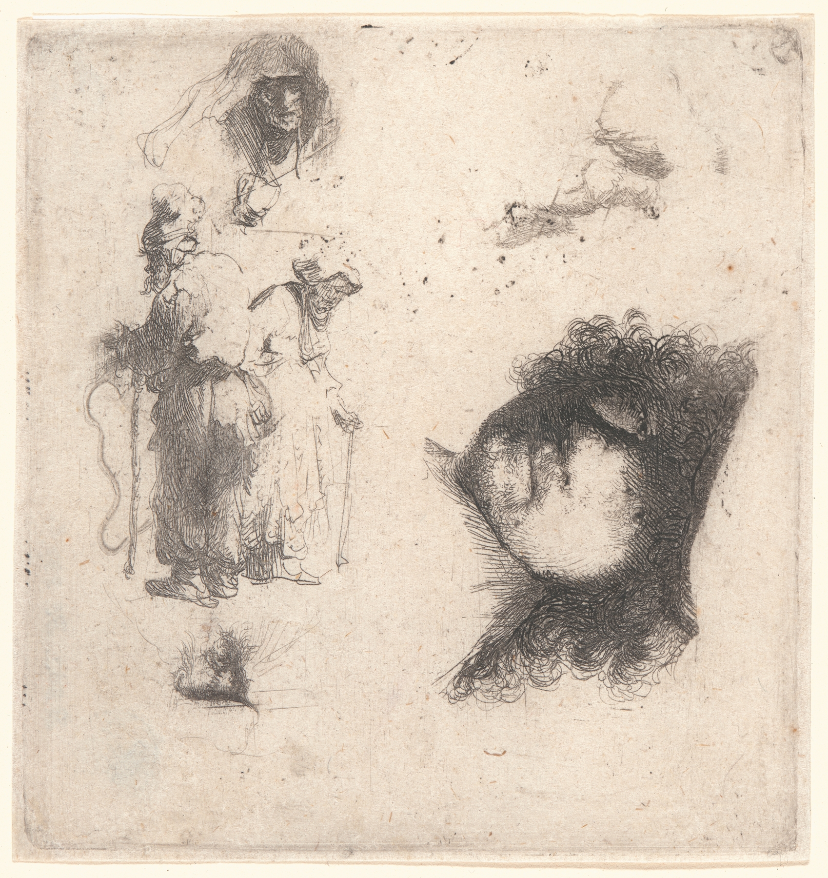 Sheet of Studies; Head of the Artist, a Beggar Couple, Heads of an Old Man and Old Woman (1632)