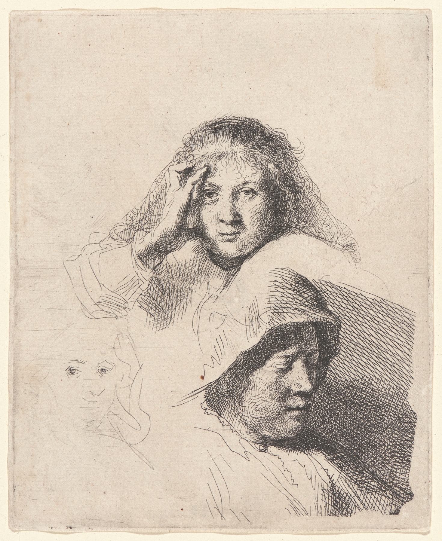 Three Heads of Women, One Lightly Etched (ca. 1637)