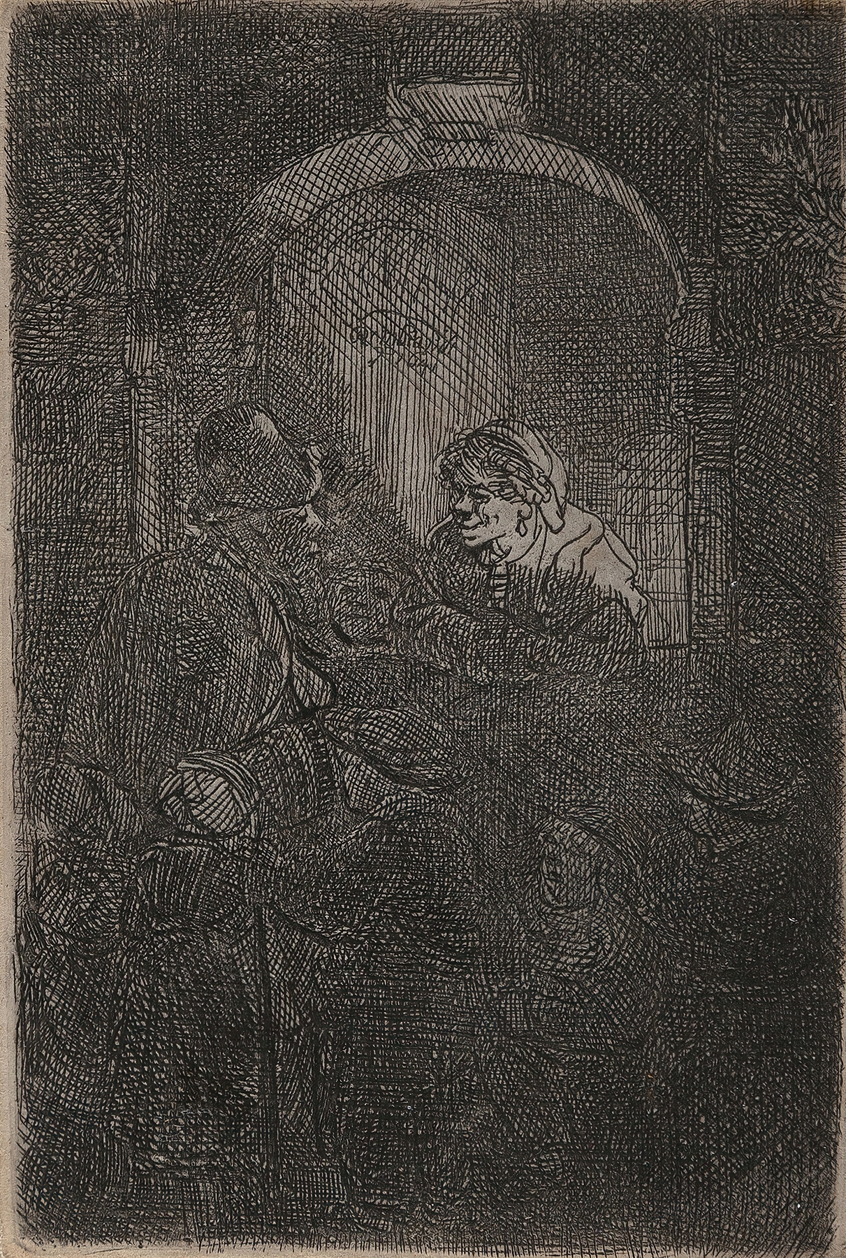 Woman at a hatch door talking to a man and children (the schoolmaster) (1641)