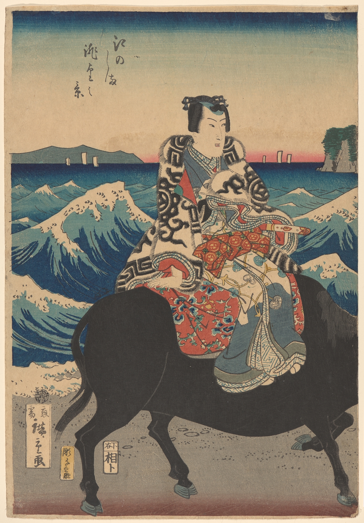 Enoshima Island (Figure on an ox, waves) (19th century)