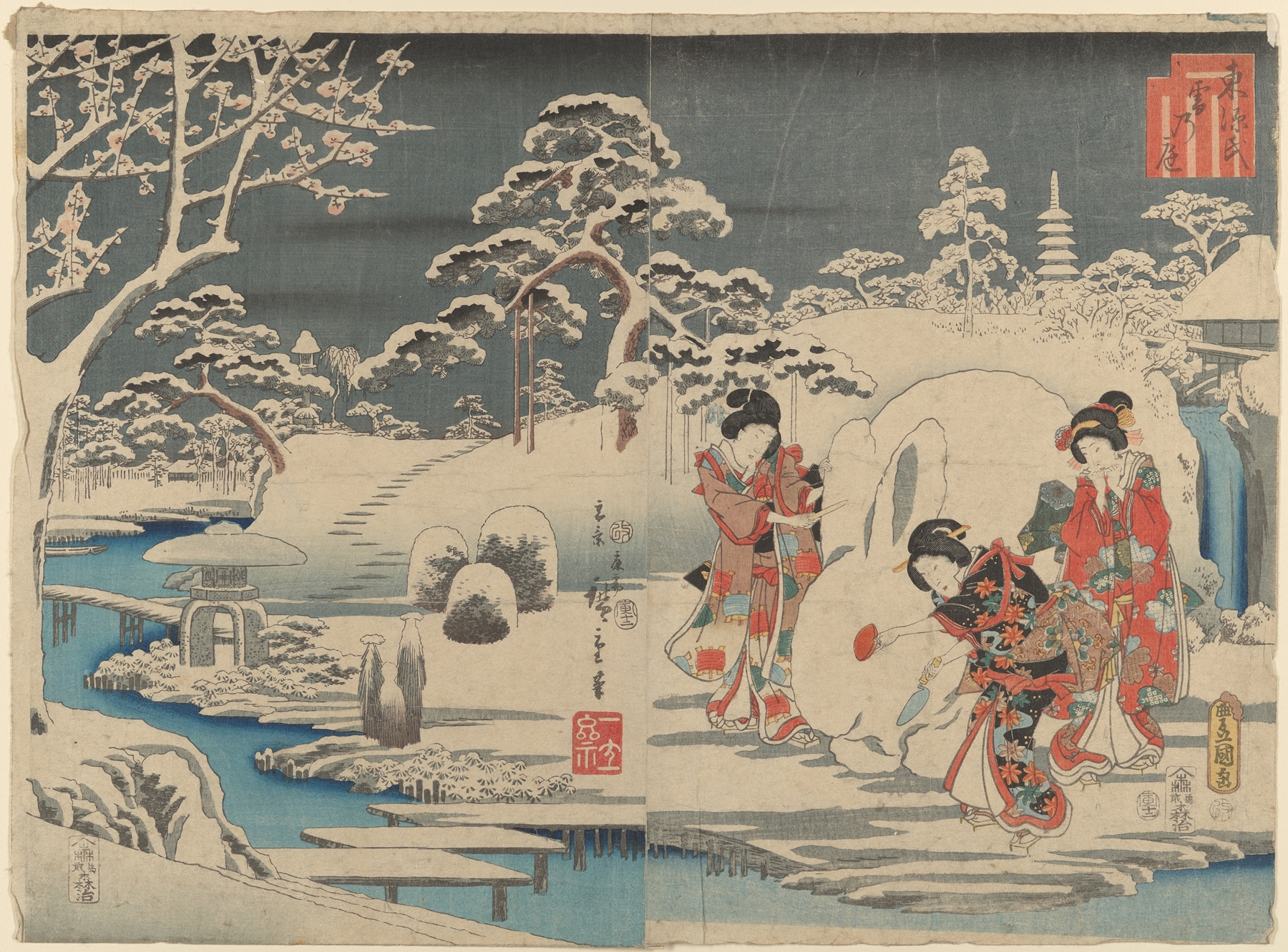 Three Women Making a Snow Rabbit in a Garden (1854)