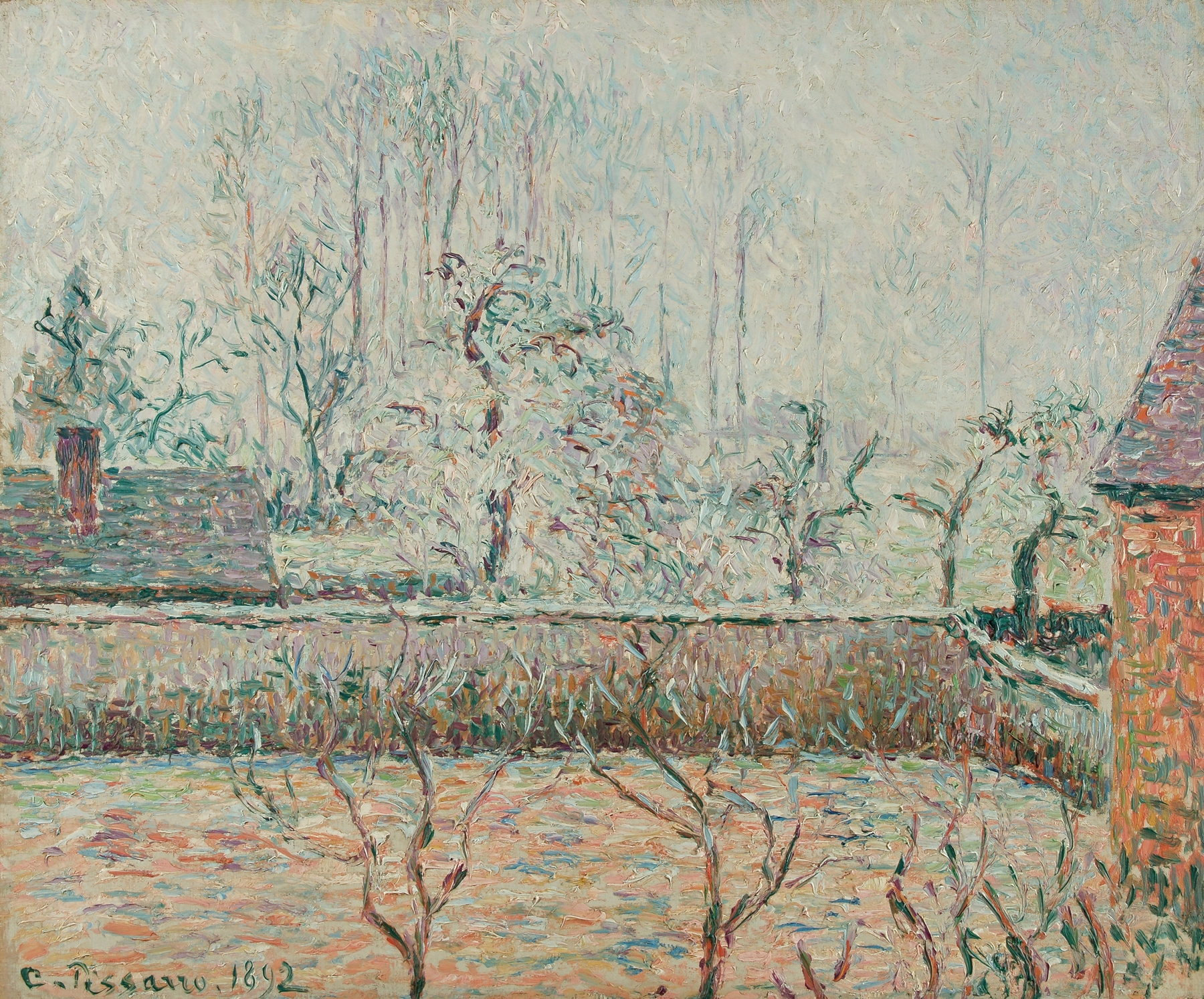 Paysage Avec Maisons Et Mur De Clôture, Givre Et Brume, Éragny (1892)