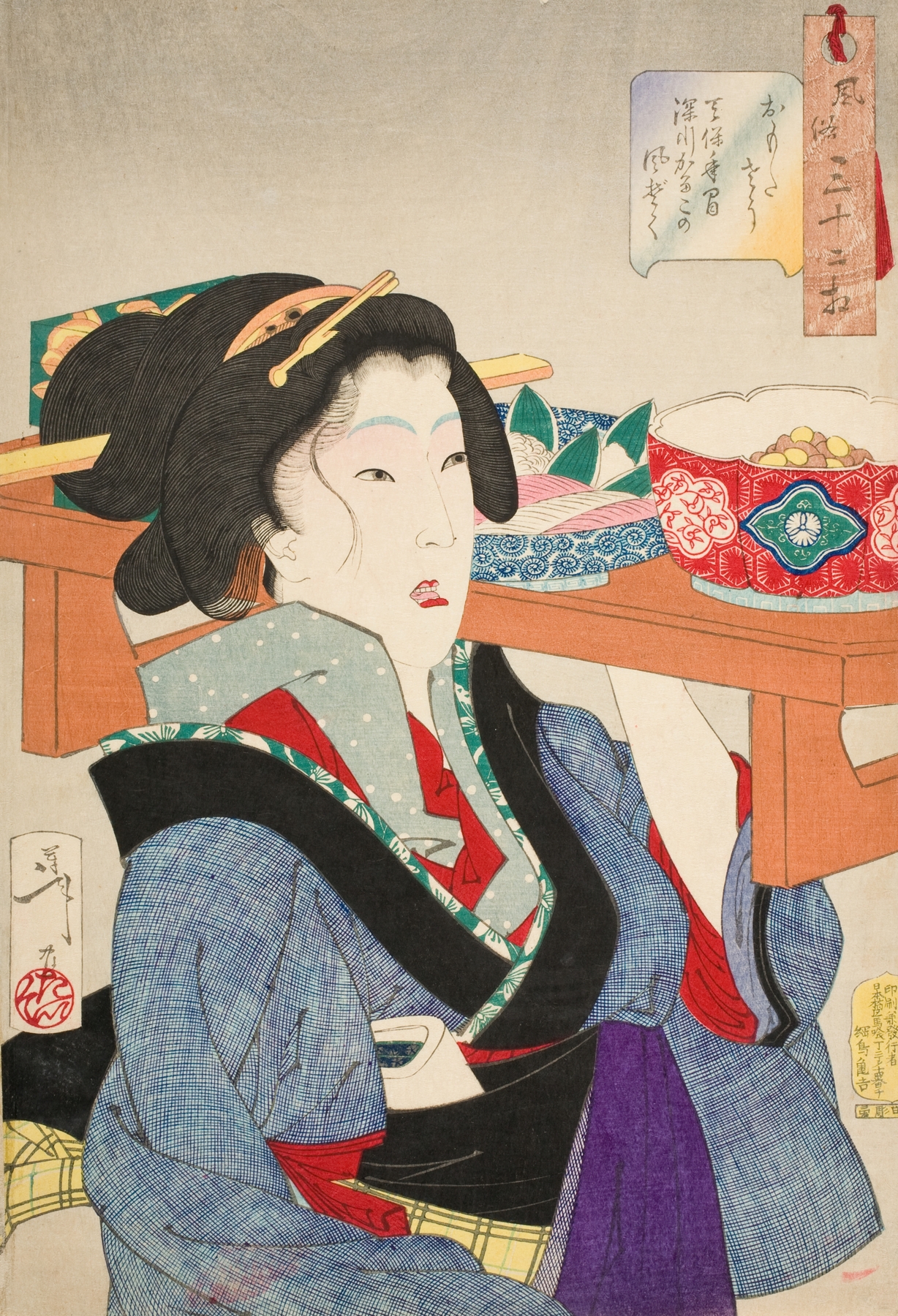 Looking Weighed Down; The Manner of a Waitress at Fukagawa in the Tenpō Era (1888)