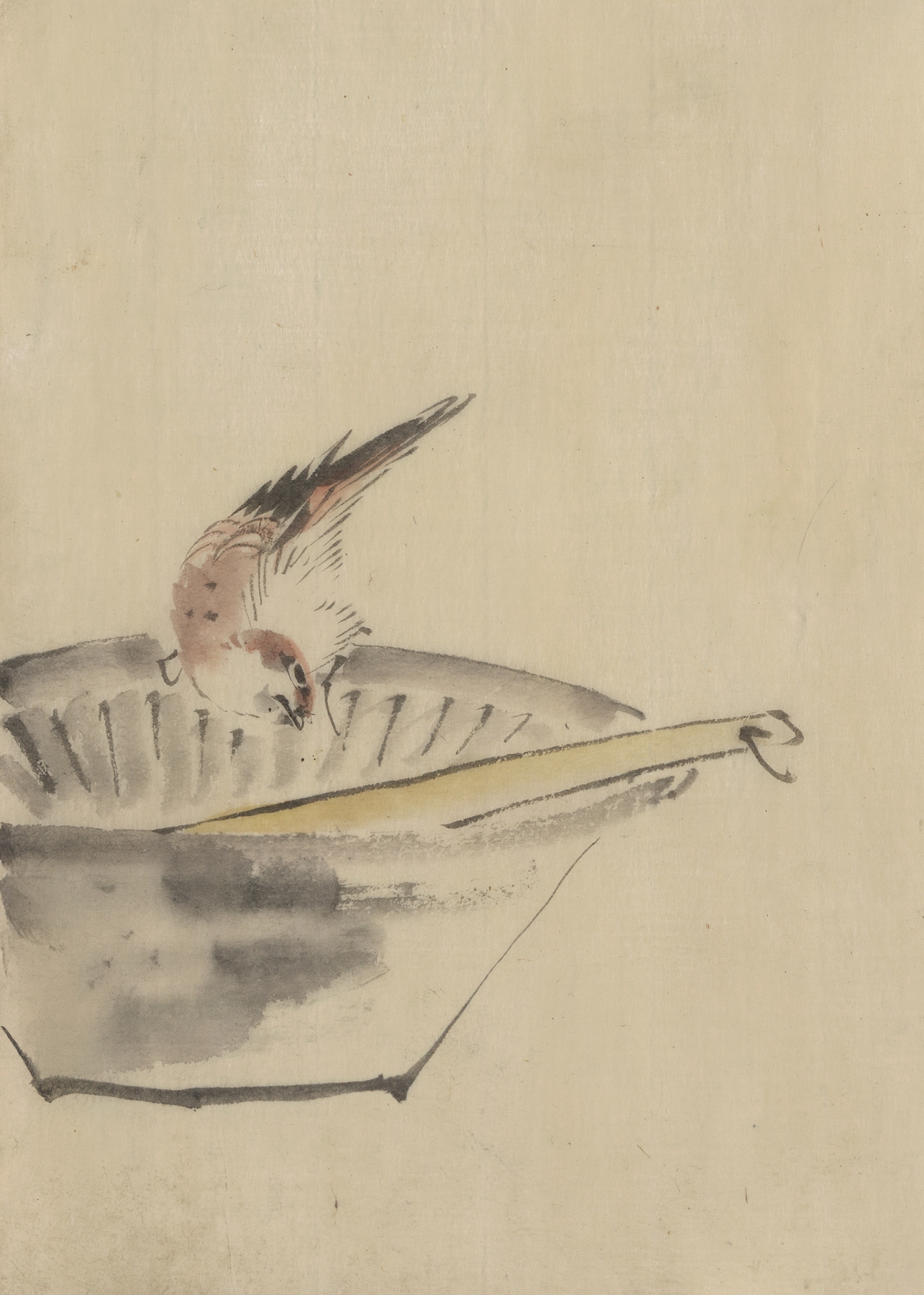 A bird perched on the edge of a bowl, with head cocked, looking at a utensil in the bowl (1830-1850)