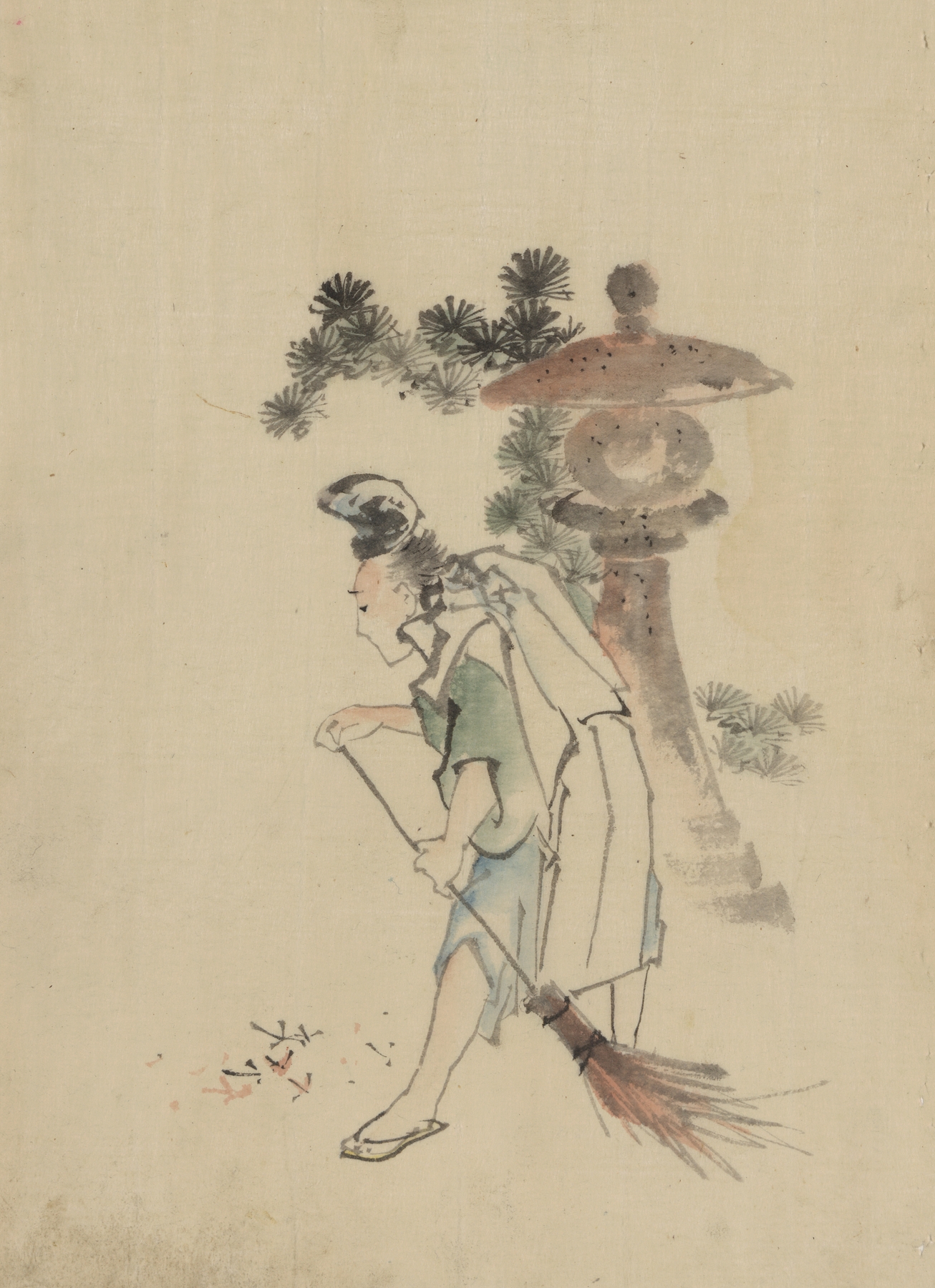 A man sweeping pine needles that have fallen from a tree near a stone shrine (1830-1850)