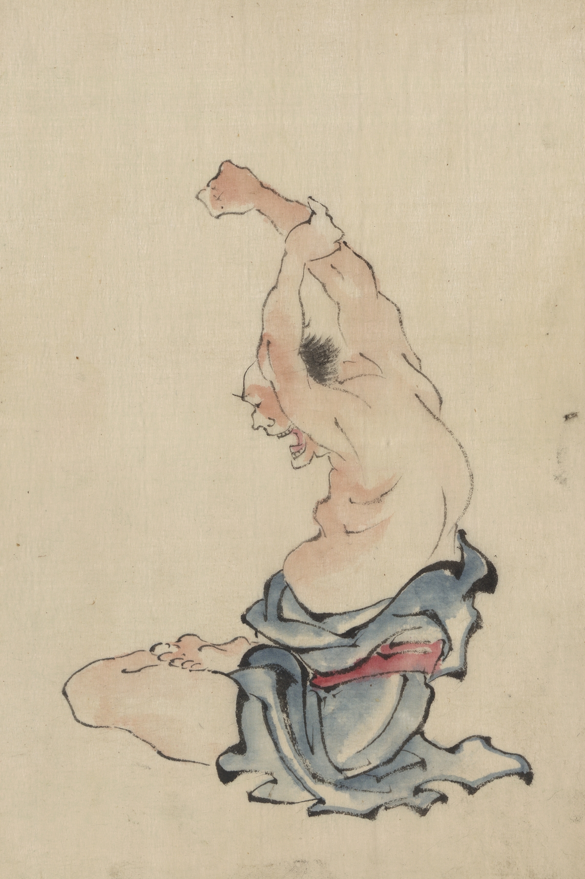 A man, bare-chested, sitting cross-legged with arms raised over his head, stretching or practicing yoga (1830-1850)