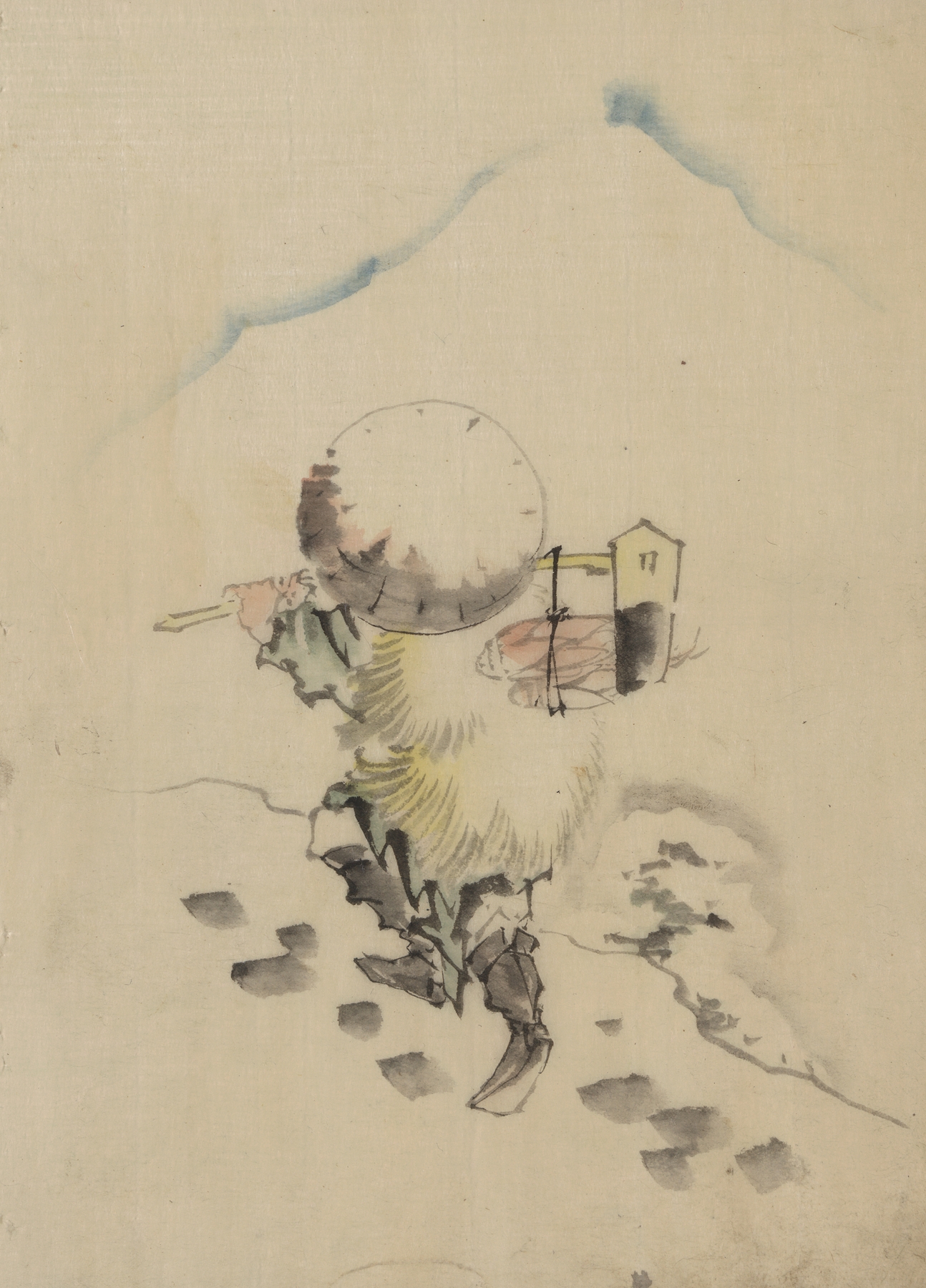 A man, wearing a conical hat, a straw or feather outer garment, and boots, is carrying a long-handled tool (1830-1850)