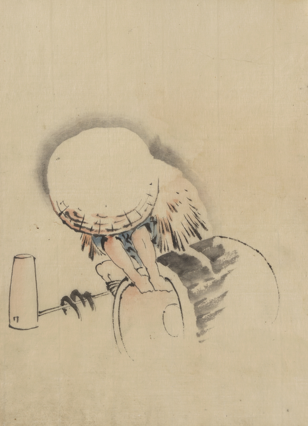 A man, wearing a large conical hat and a straw or feather garment (1830-1850)