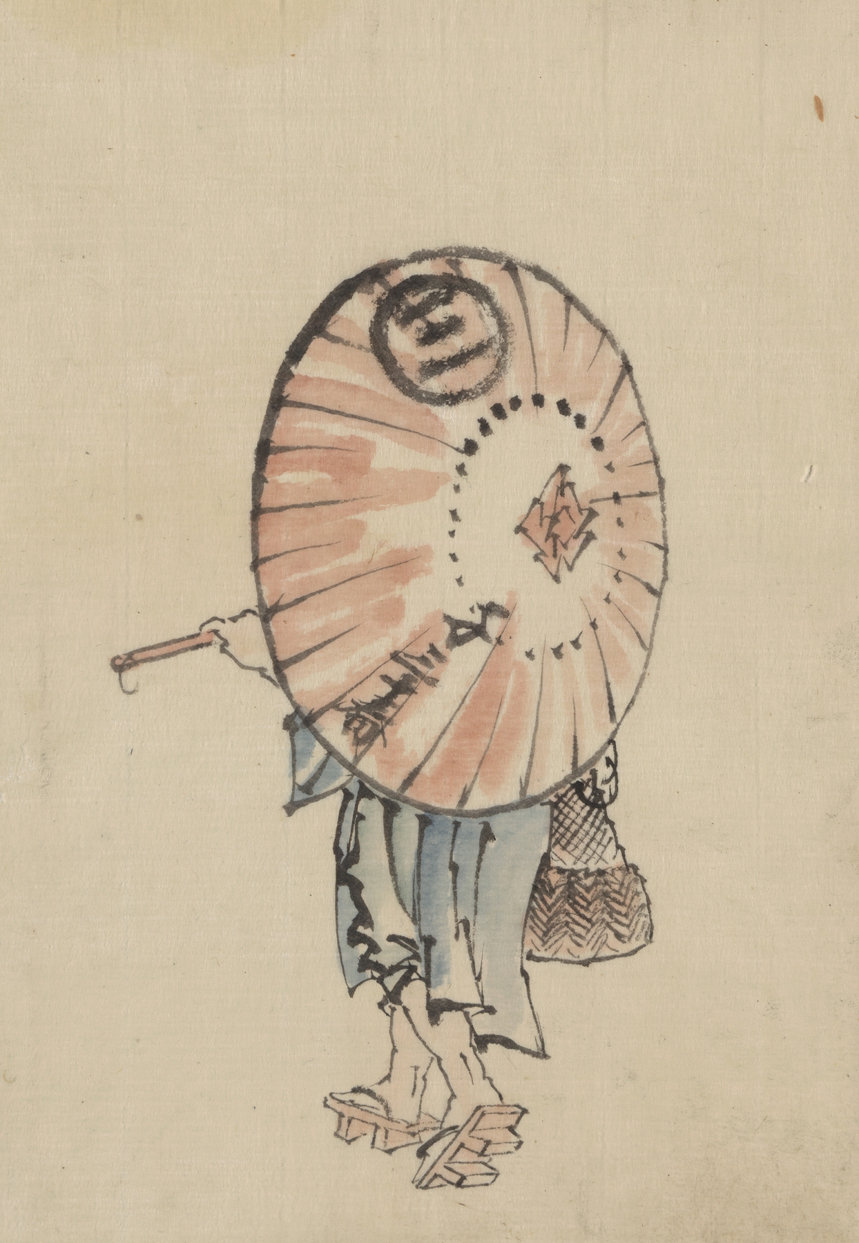 A person walking to the left, mostly obscured by an open parasol carried over the shoulder (1830-1850)