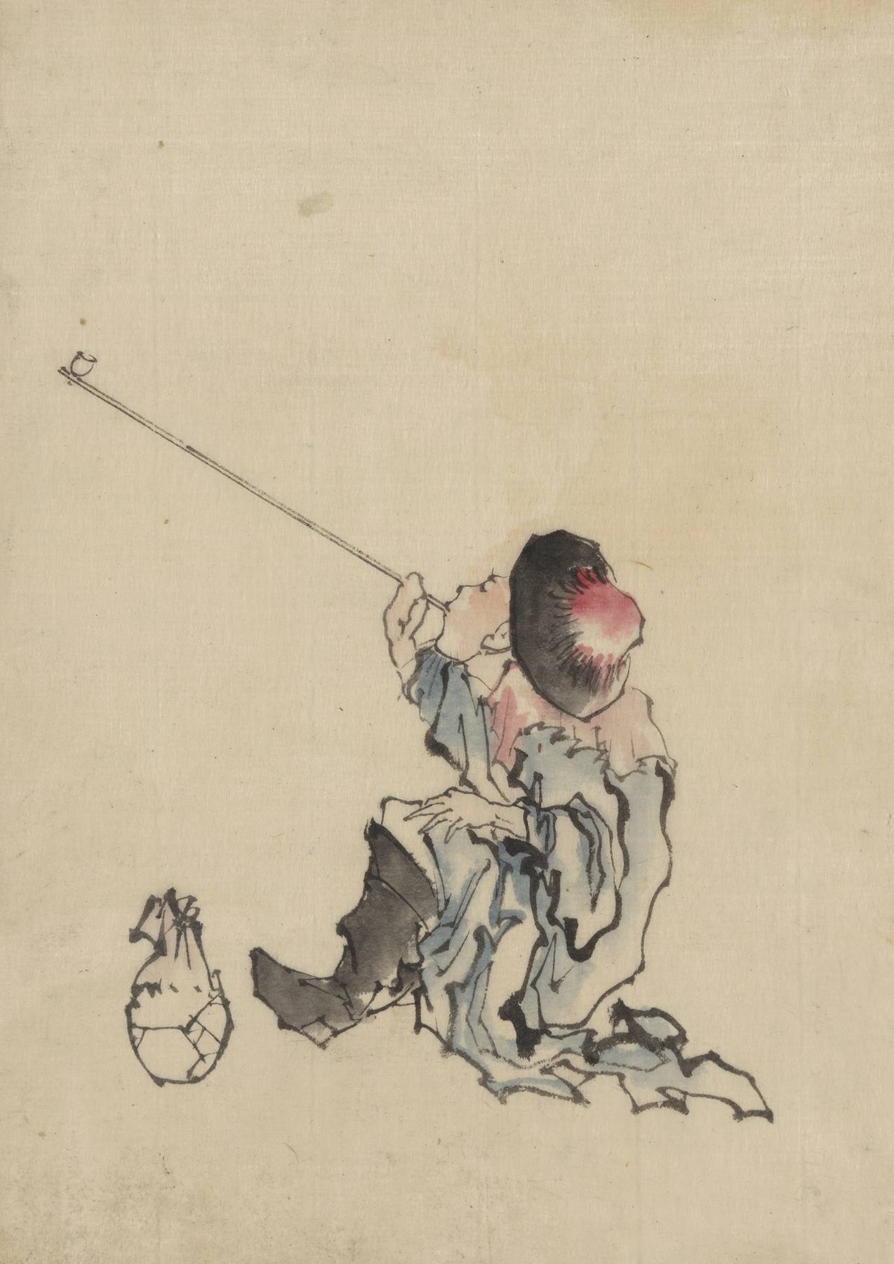 A traveler, seated, wearing a robe, boots, and rounded-top conical hat, smoking a long pipe (1830-1850)