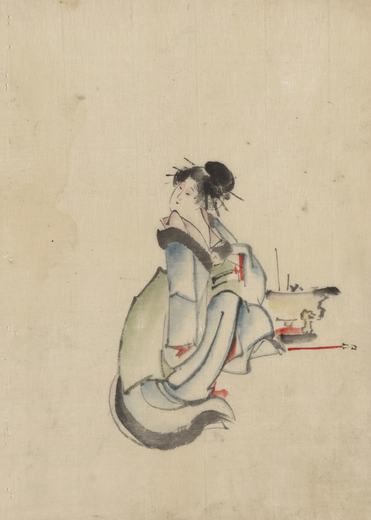 A woman, possibly a courtesan, seated, facing right, with her head turned to look back over her right shoulder, wearing several hairpins (1830-1850)