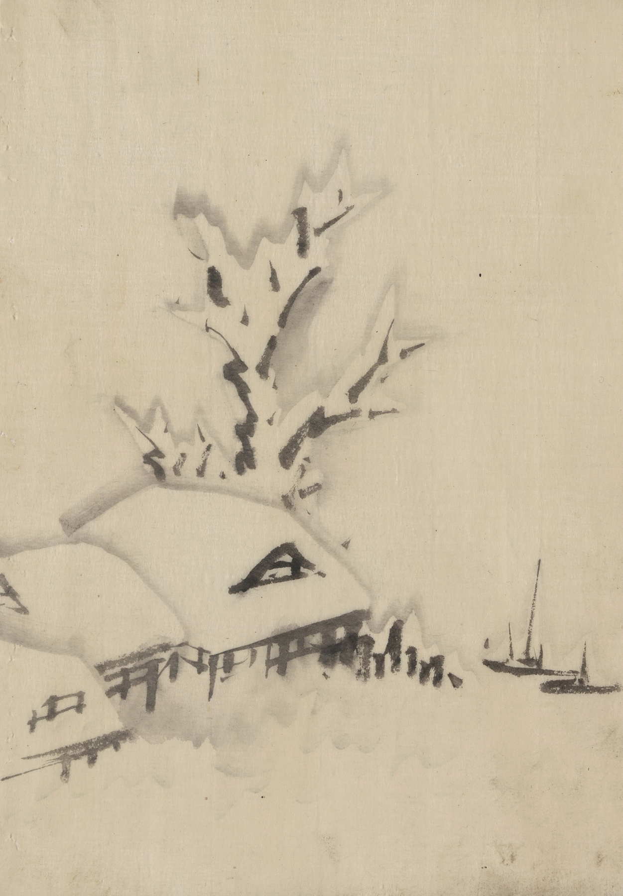 Buildings and large tree on the waterfront, with two boats anchored offshore (1830-1850)