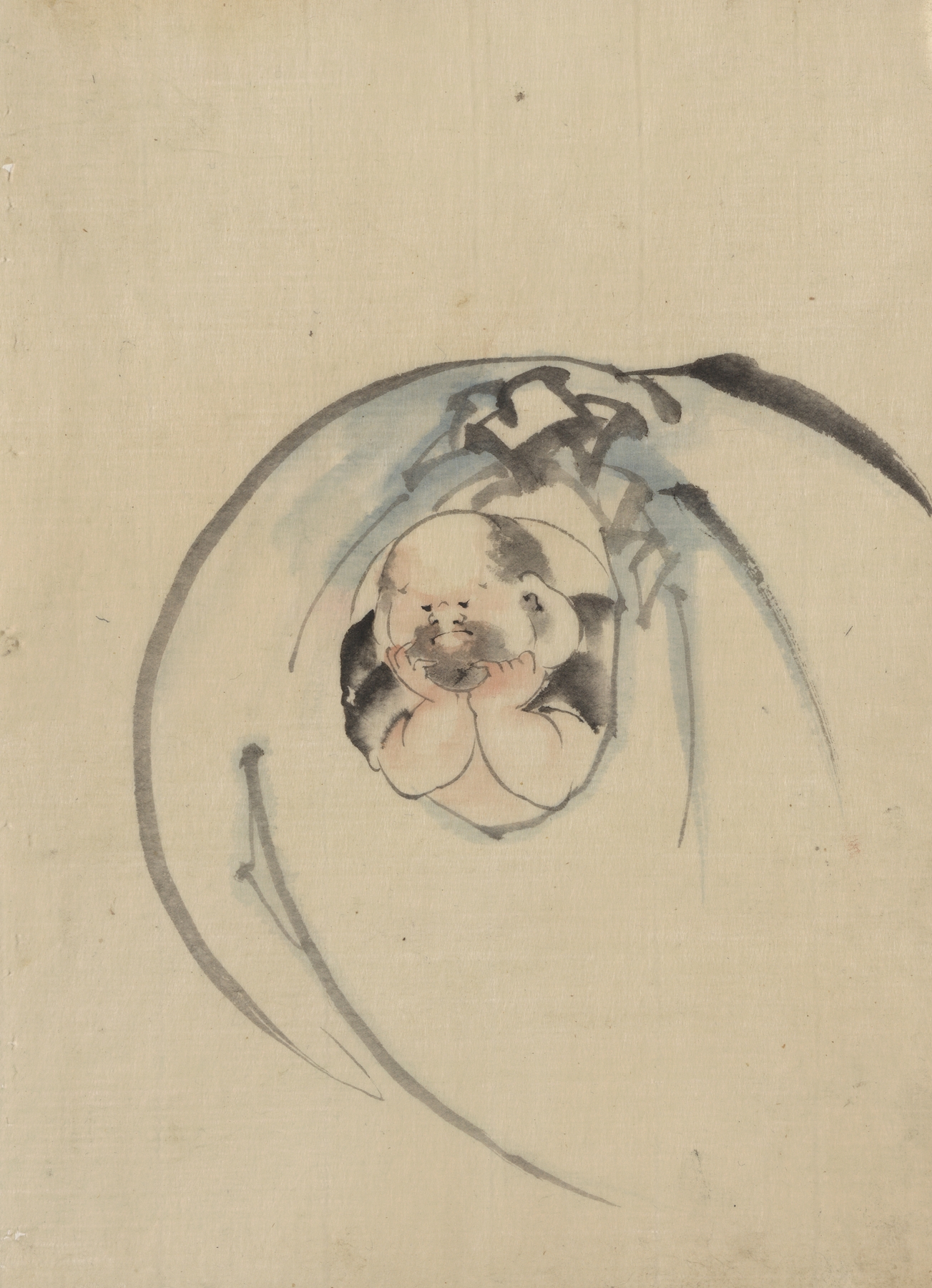 Hotei, the god of good fortune, one of the seven lucky gods, facing front with his head resting on his hands (1830-1850)