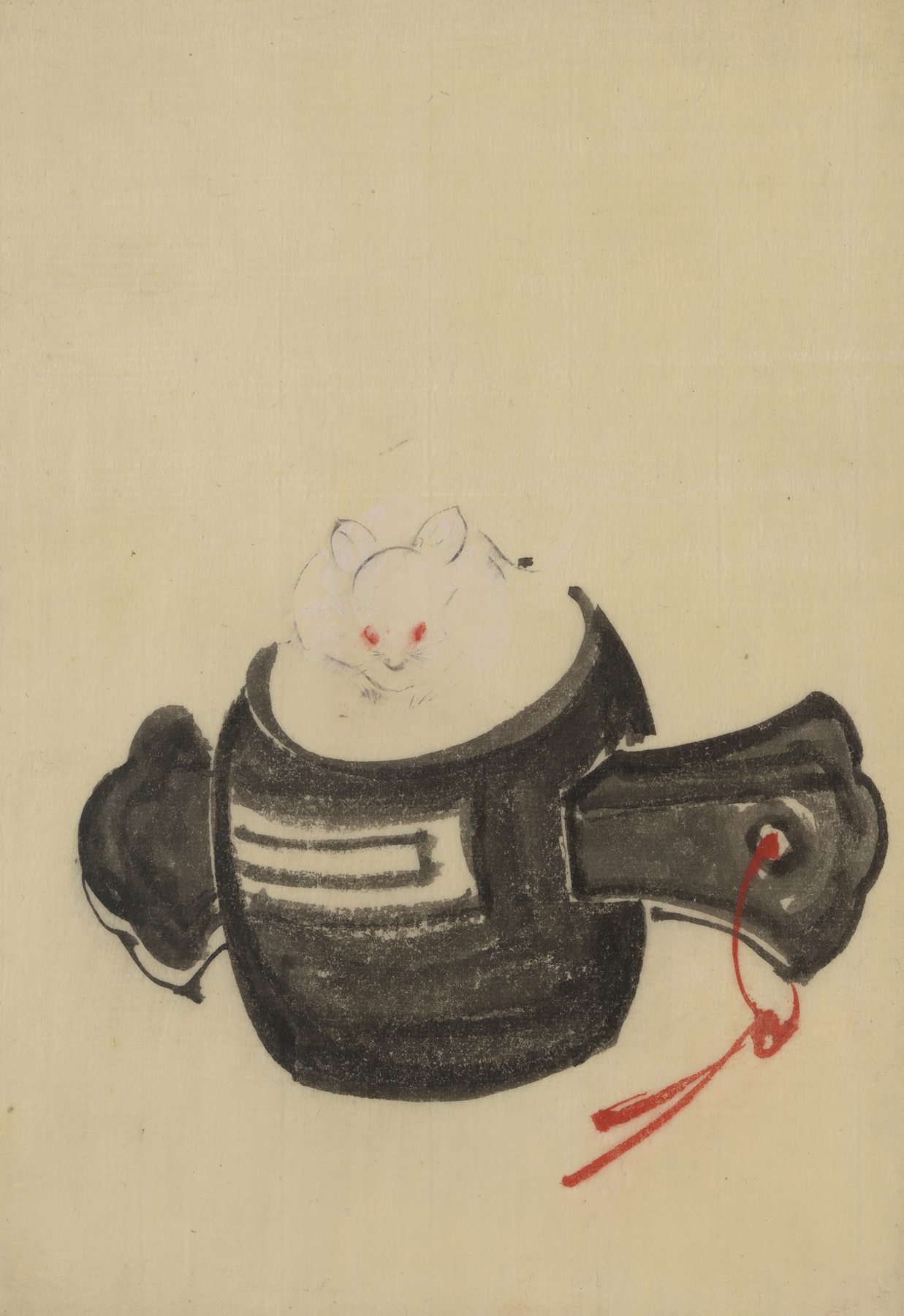 Mouse, facing front, sitting on a mallet with red ribbon through a hole in the handle (1830-1850)