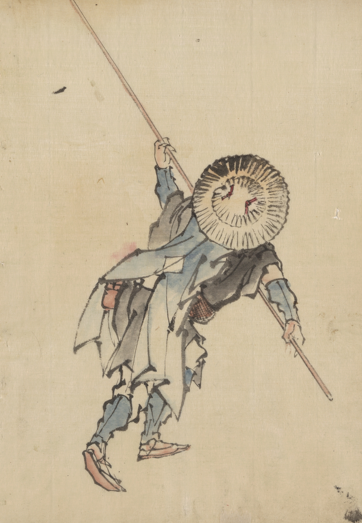 Rear view of a man, full-length, standing, wearing several layers of clothing and a rounded-top conical hat (1830-1850)