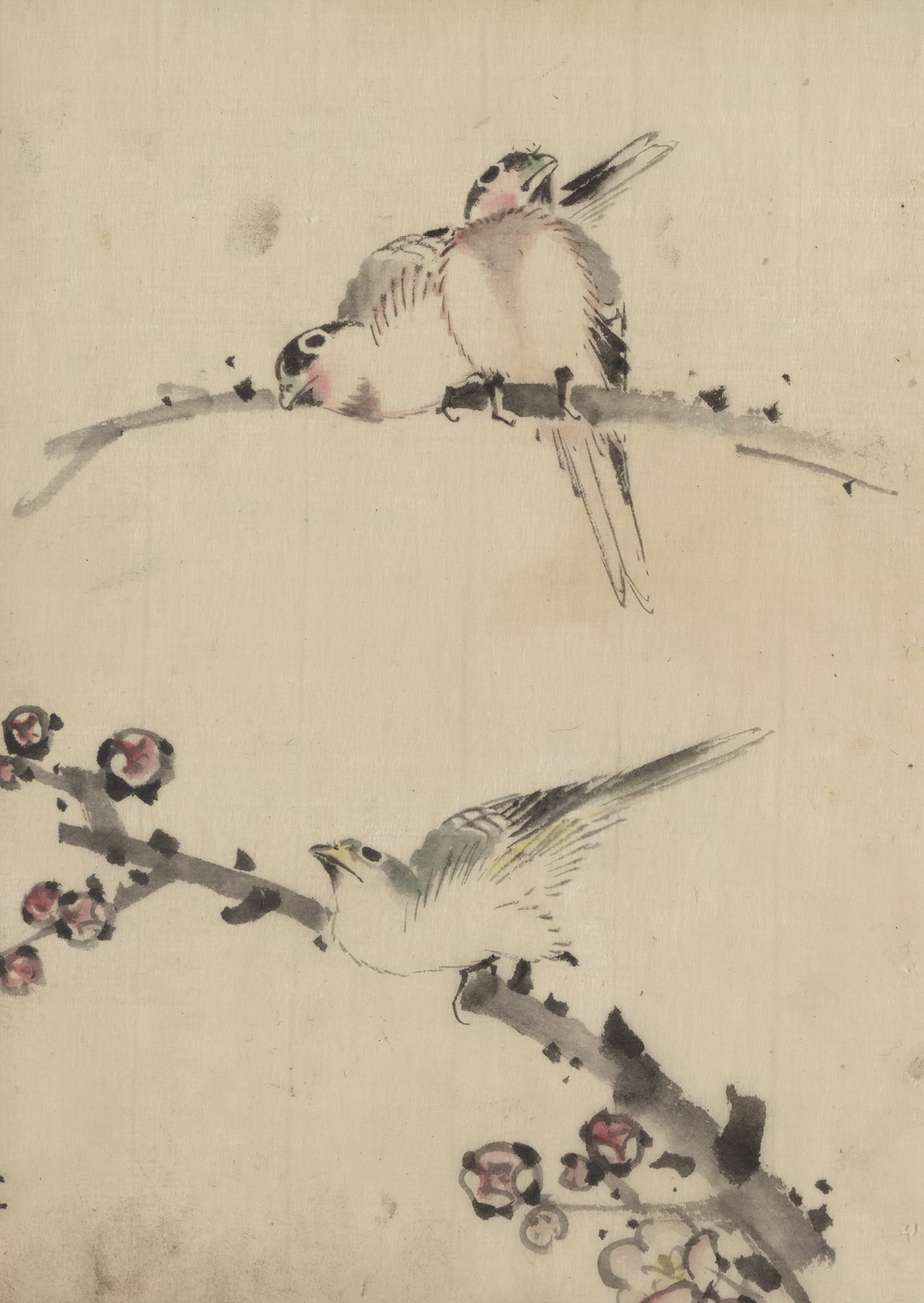 Three birds perched on branches, one with blossoms (1830-1850)