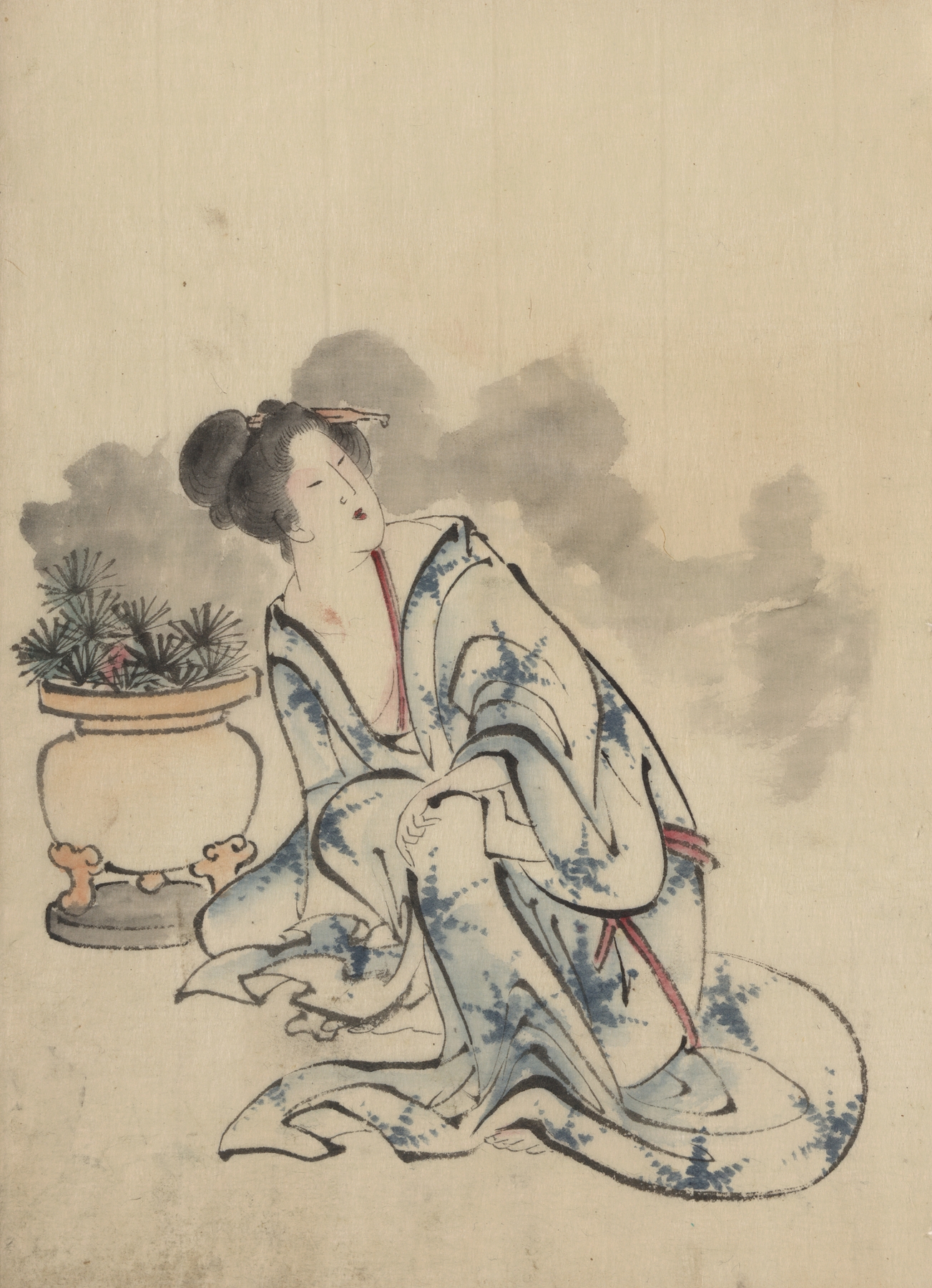Woman, possibly a courtesan, sitting next to a flowerpot (1830-1850)
