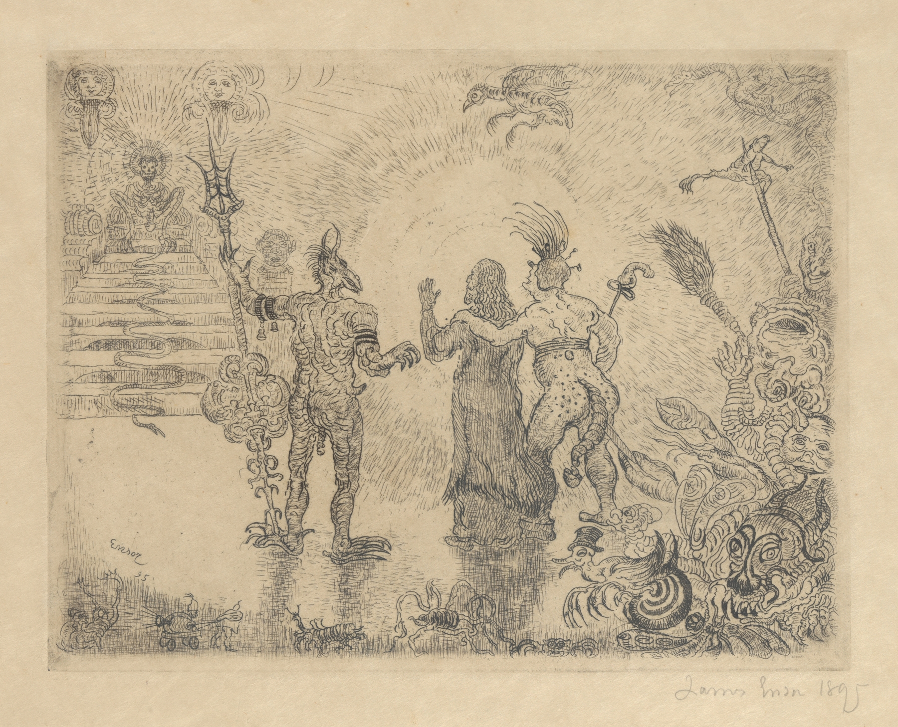 De duivels Dzitts en Hihanox leiden Christus naar de hel (1895)