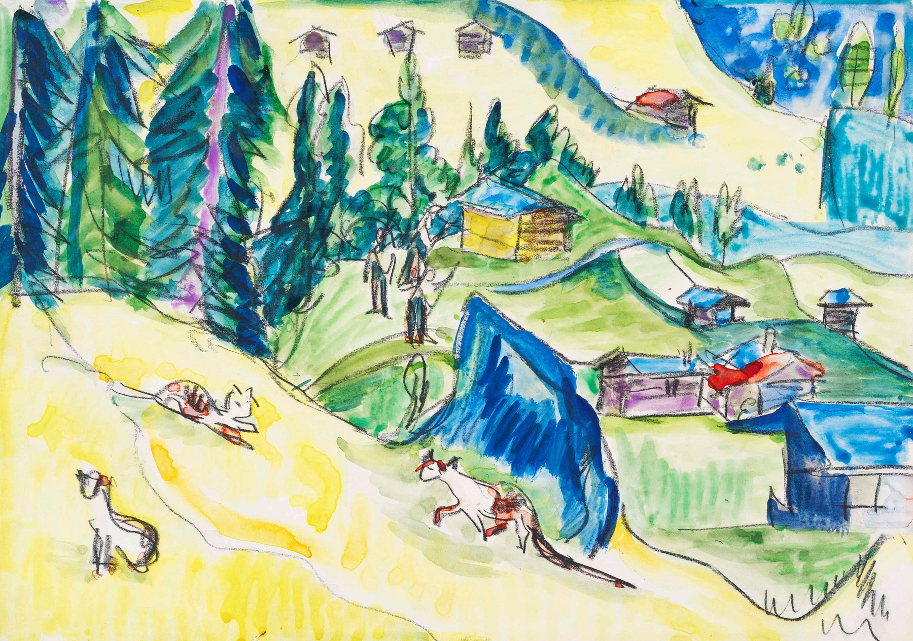 Bergalp mit Hütten und Katzen (1923)