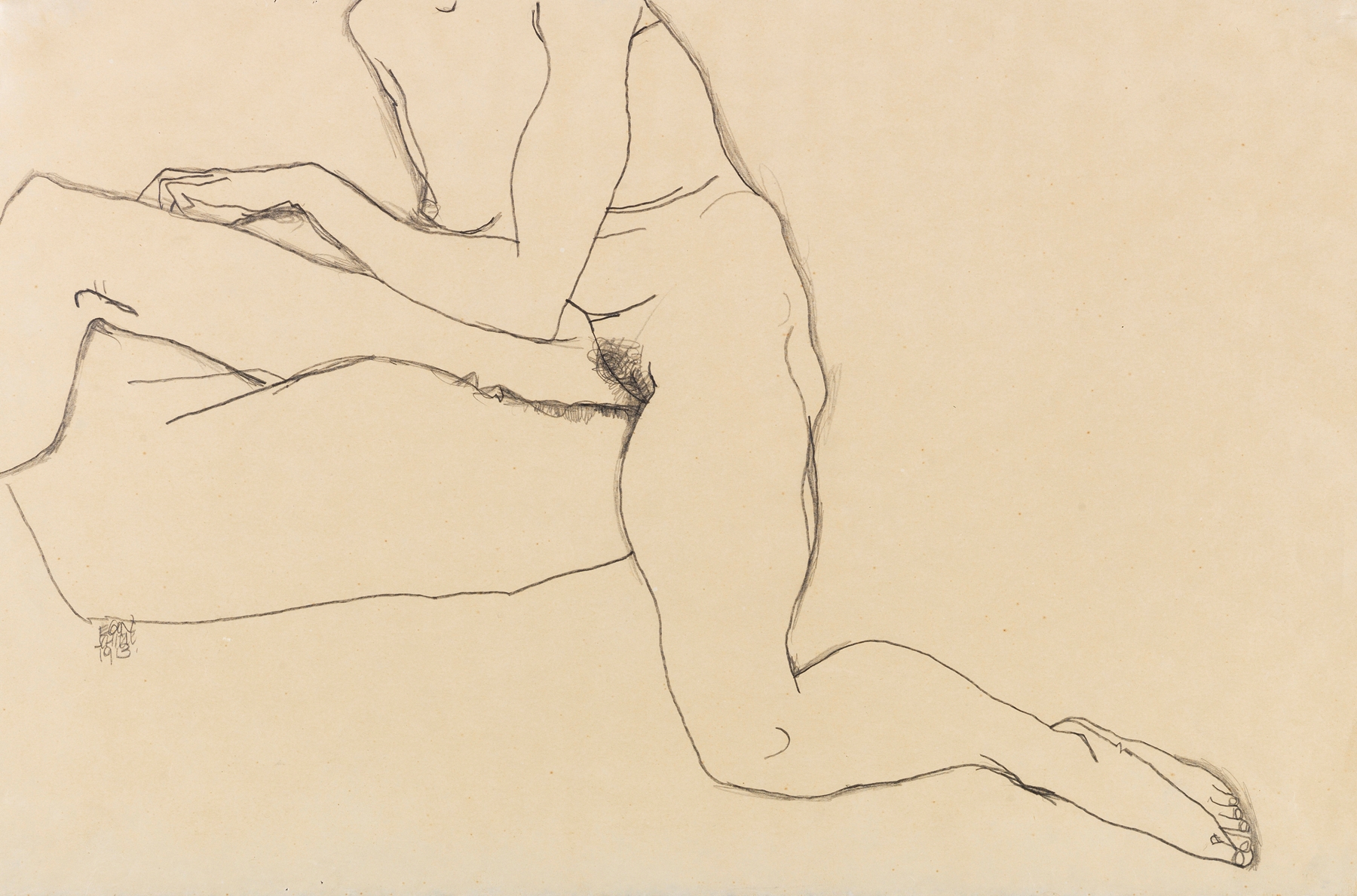 Sitzendes Mädchen mit ausgestrecktem Arm und Bein (1913)
