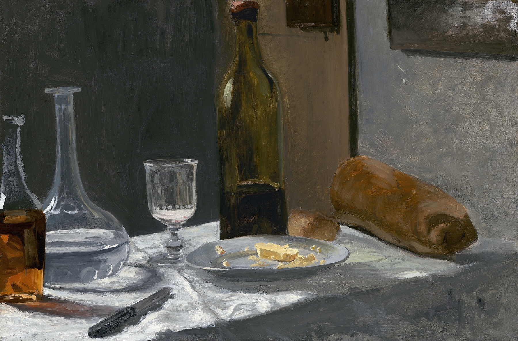 Still Life with Bottle,Carafe Bread and Wine (c. 1862-1863)