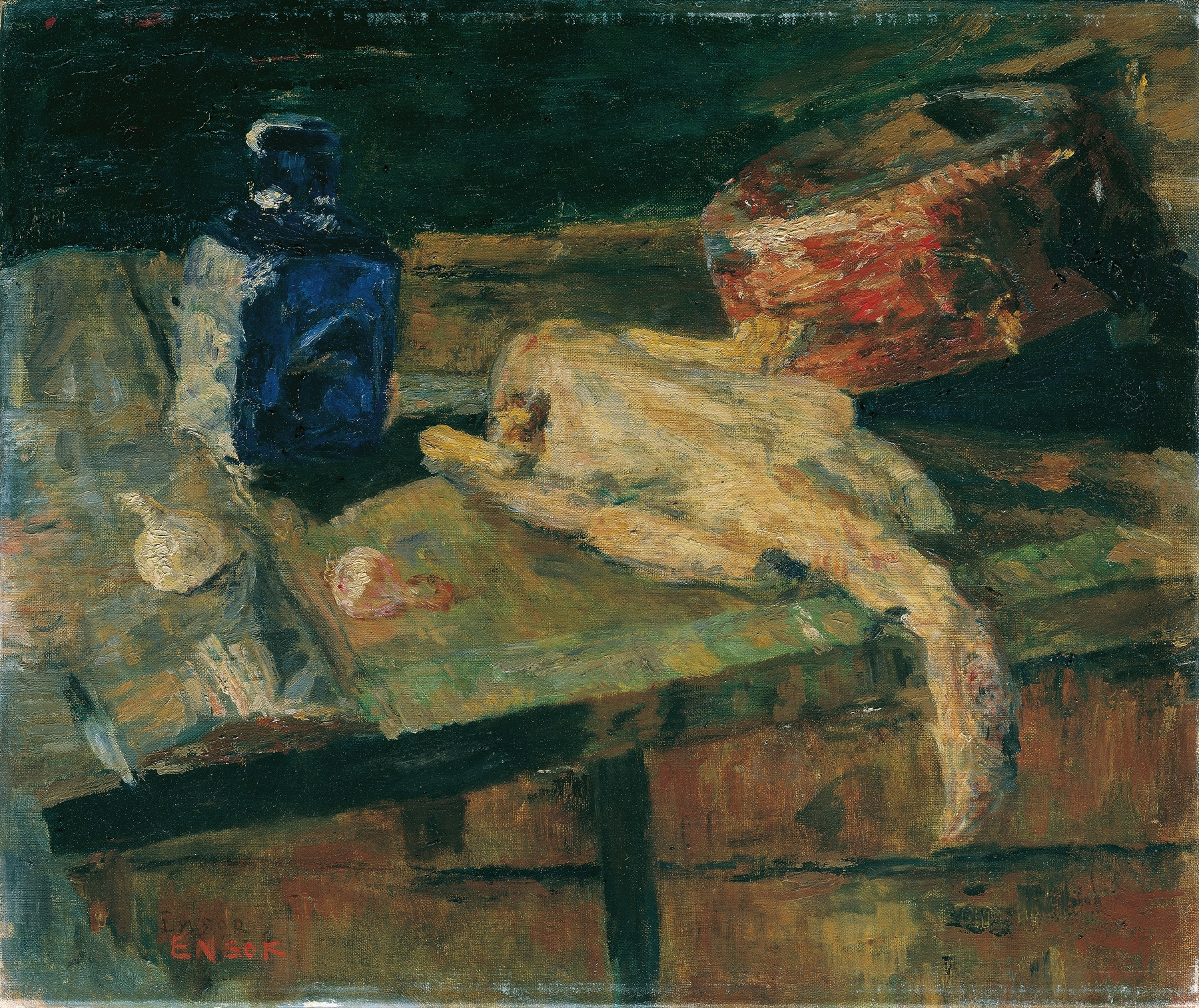 Stillleben mit blauer Flasche und gerupftem Huhn (1910)