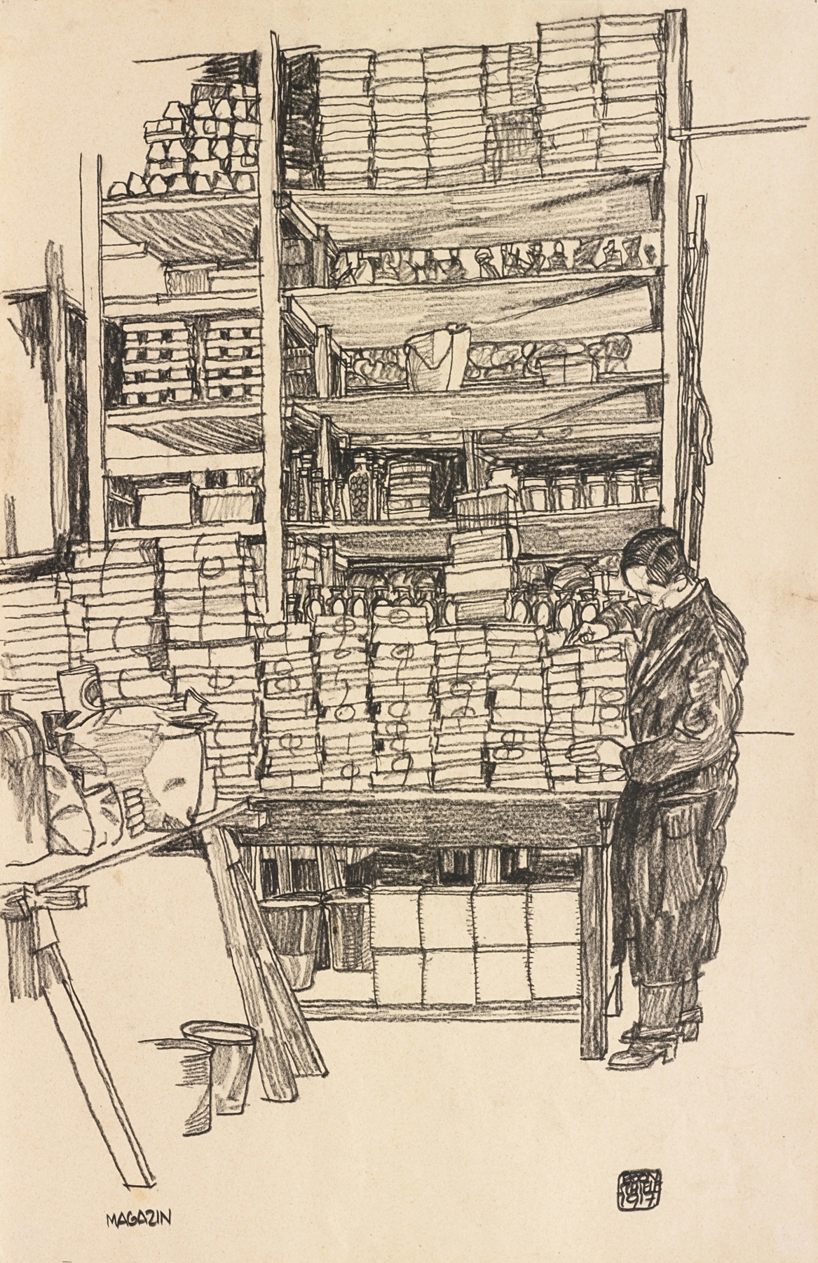 Supply Depot; Storeroom with Civilian Worker in Vienna, Schottenfeldgasse) (1917)