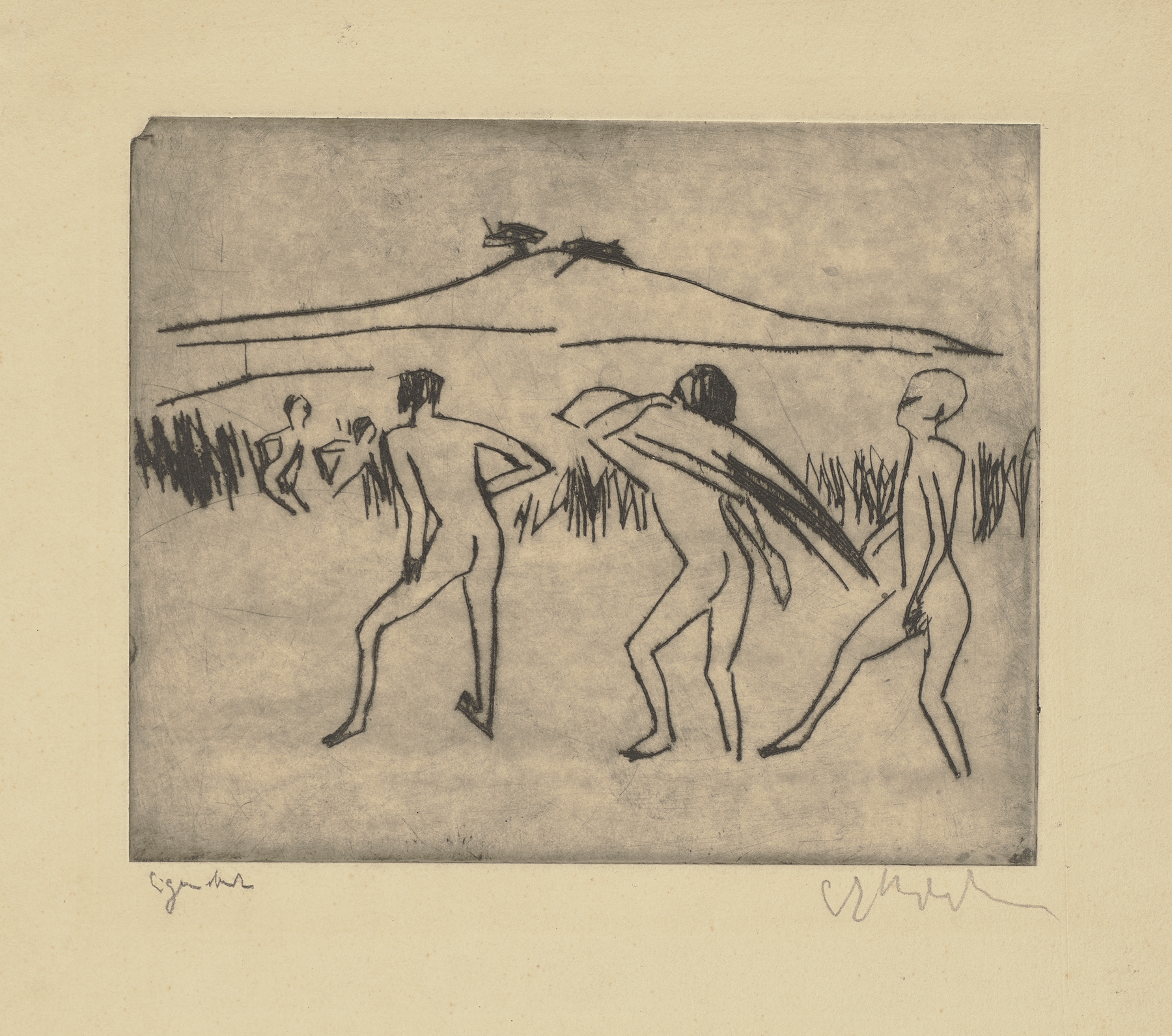 Badende Männer, einer Schilf tragend (1910)