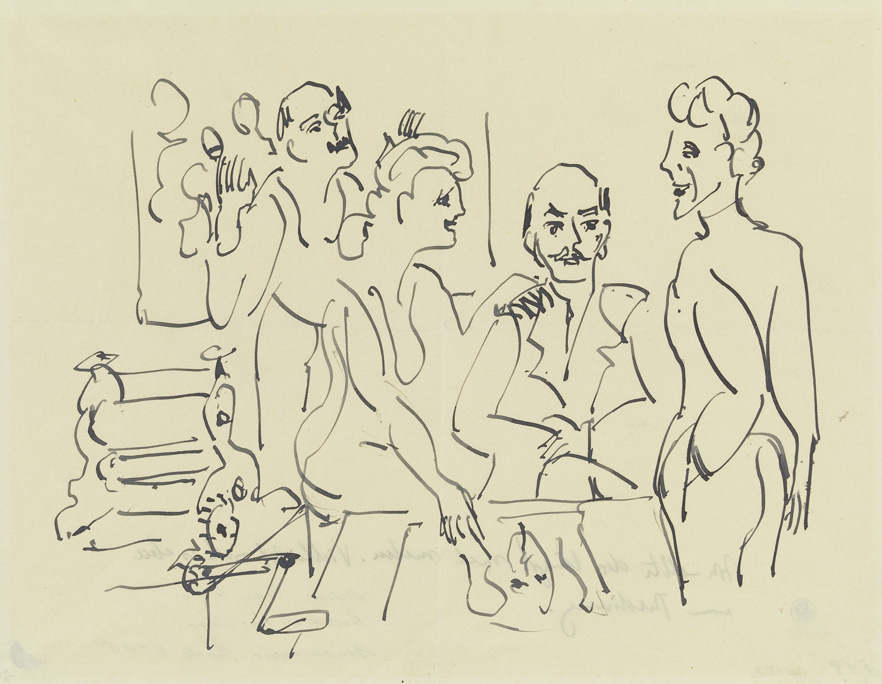Emil Nolde, Ada Nolde, Erich Heckel und Ernst Ludwig Kirchner bei der Vorbereitung eines Holzschnittes (1937)