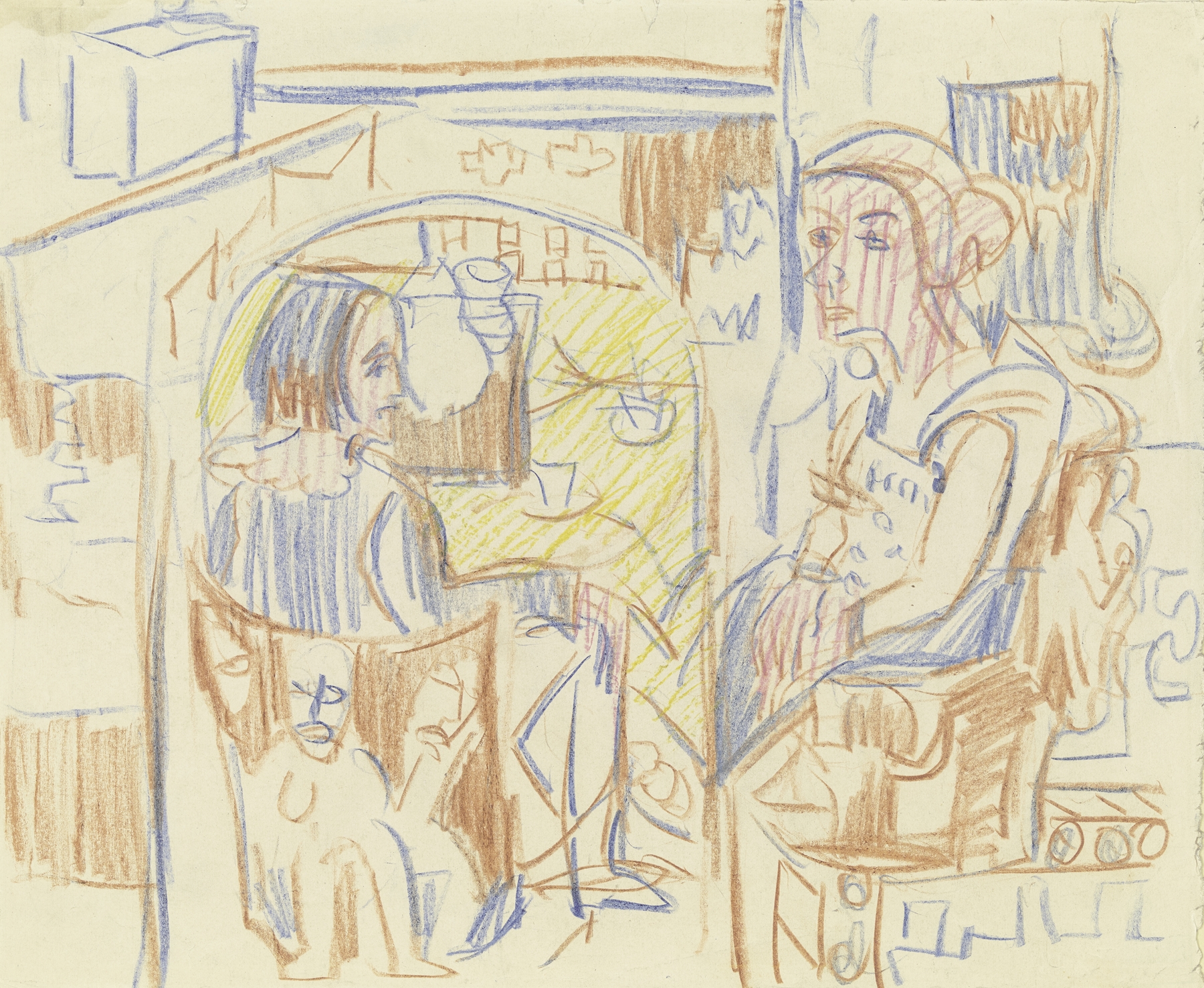 Zwei Frauen am Kaffeetisch in Kirchners Atelier (ca 1923)