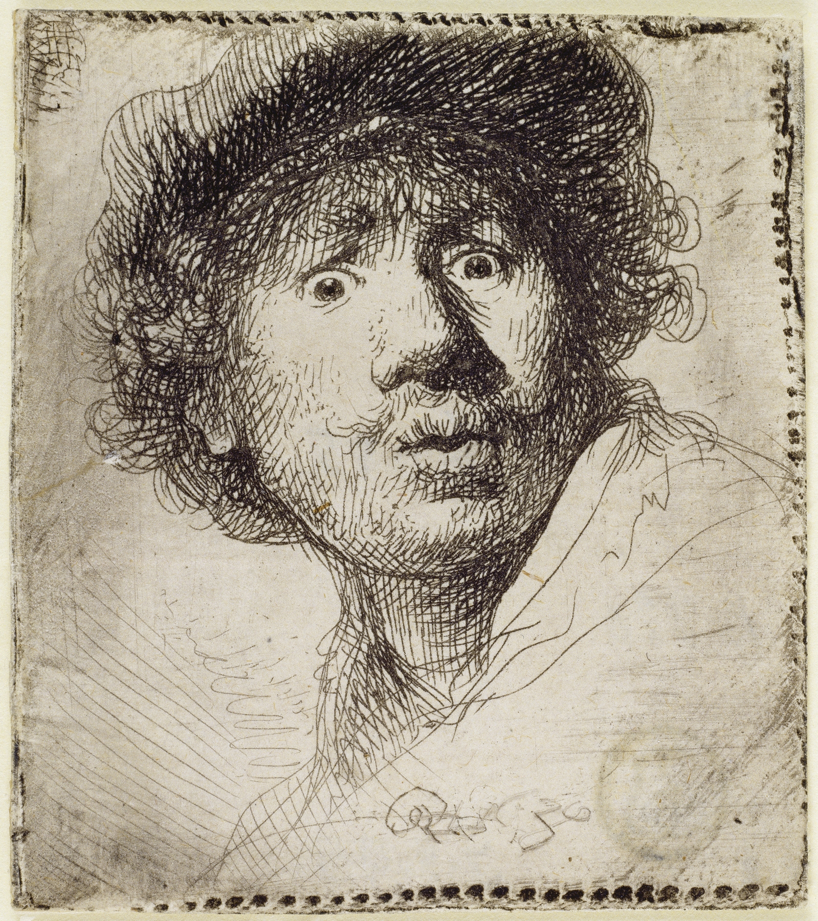 Self-Portrait in a cap, wide-eyed and open-mouthed (1630)