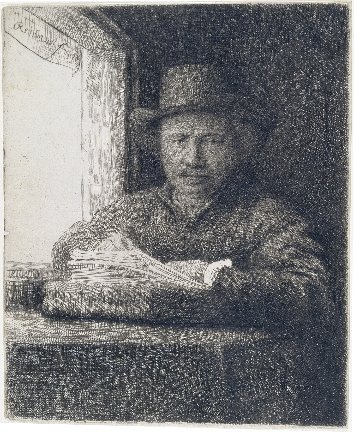 Self-Portrait etching at a window (1648)
