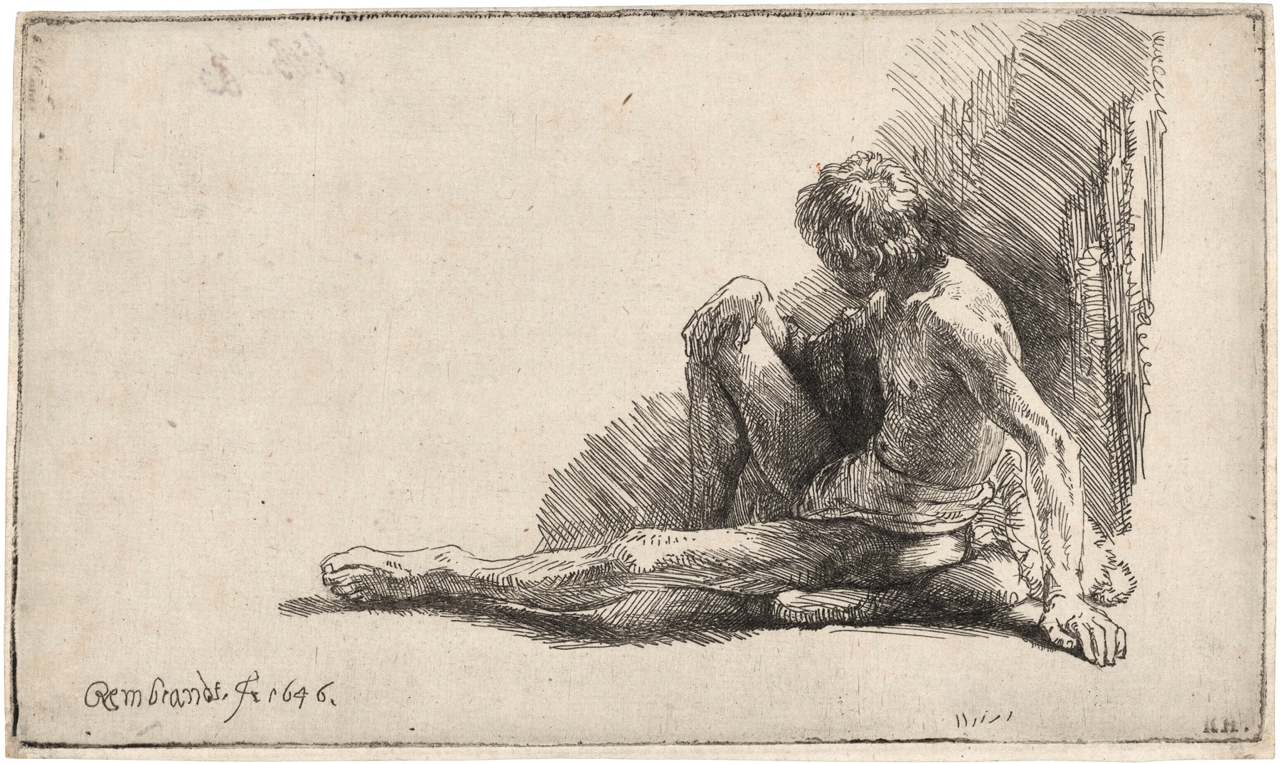 Nude Man seated on the Ground with one Leg extended (1646)