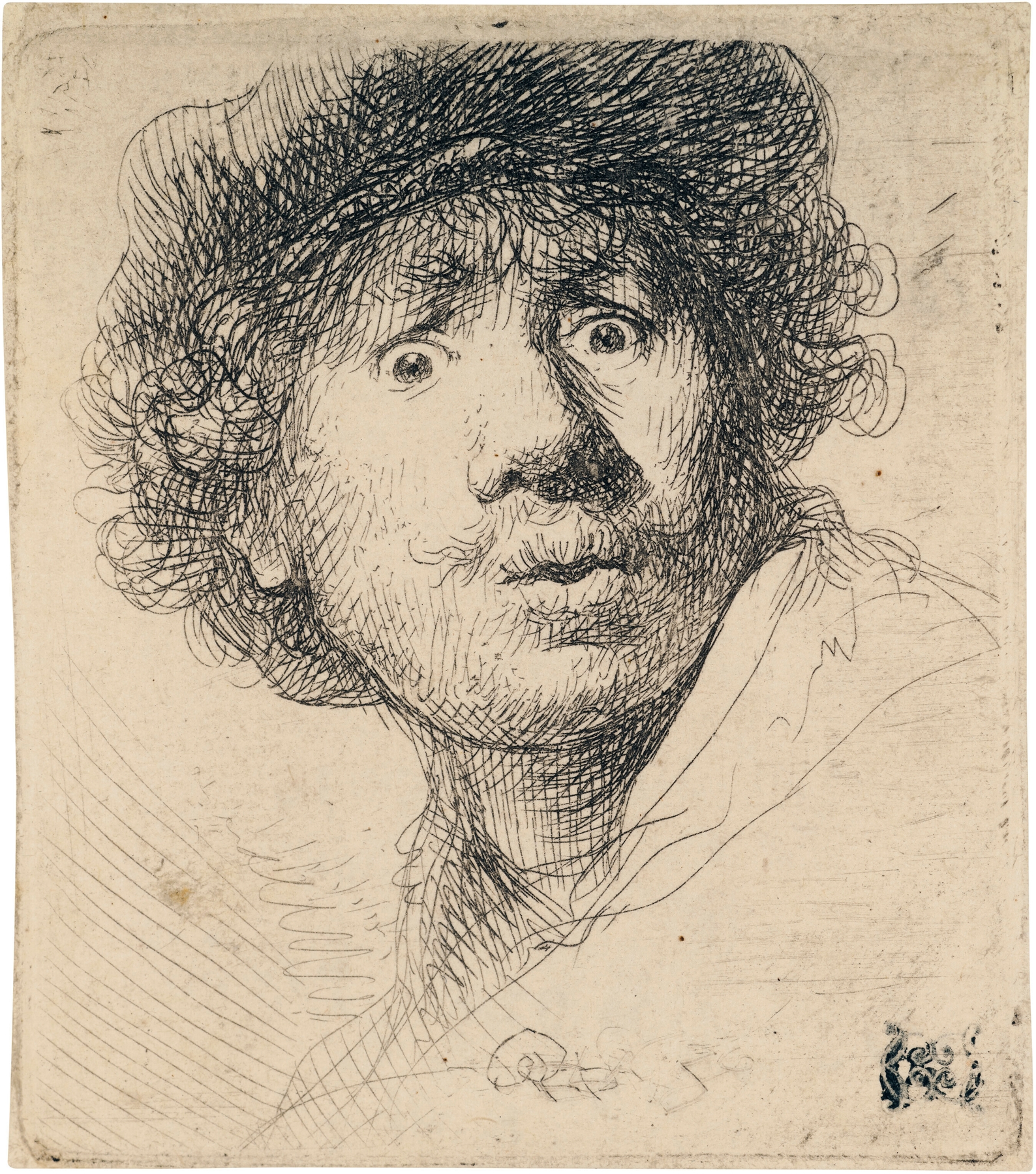 Self-Portrait in a Cap, wide-eyed and open-mouthed (1630)