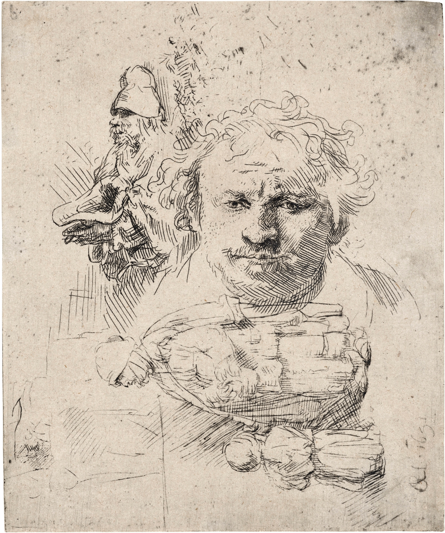 Sheet of Studies with the Head of the Artist, a Beggar Man, Woman and Child (1651)