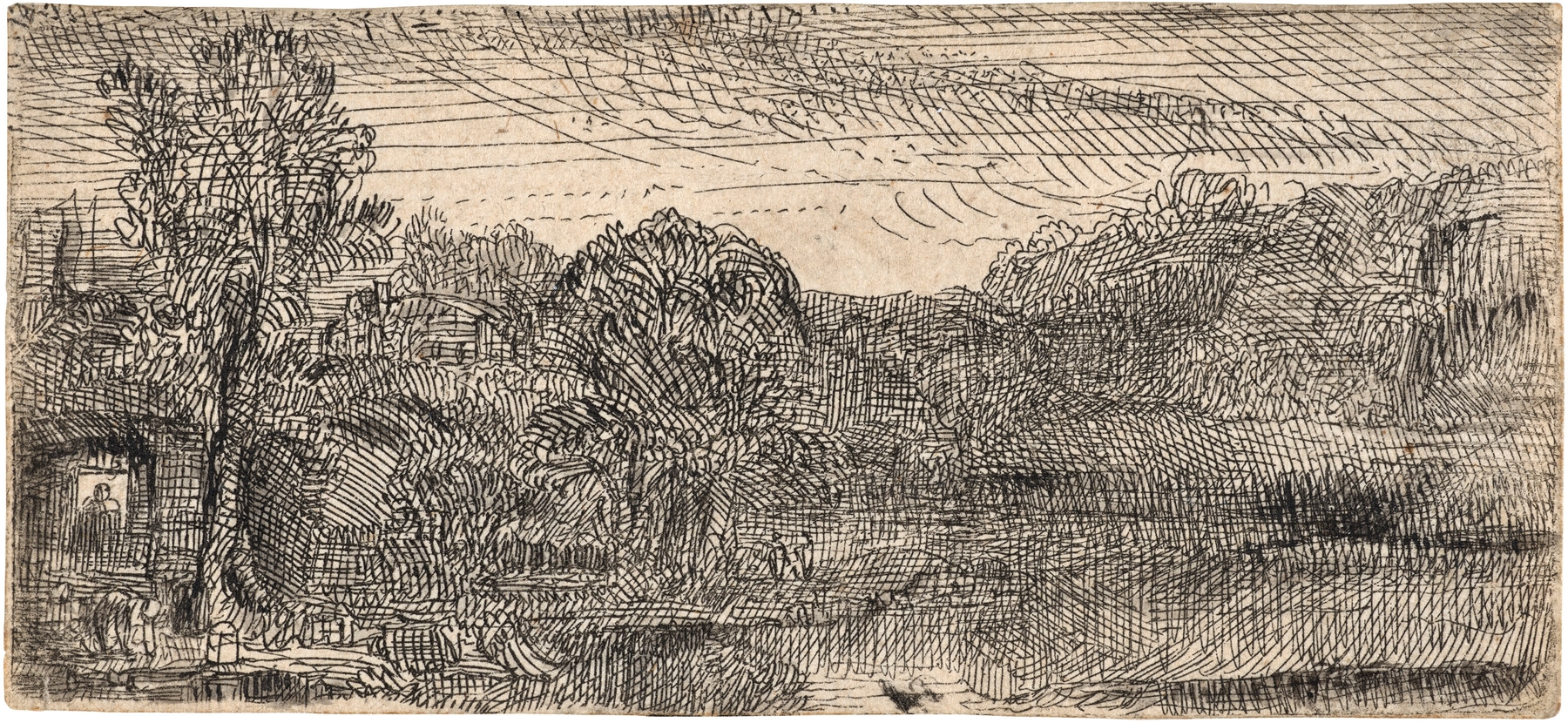 Small Grey Landscape: a House and Trees beside a Pool (circa 1640)