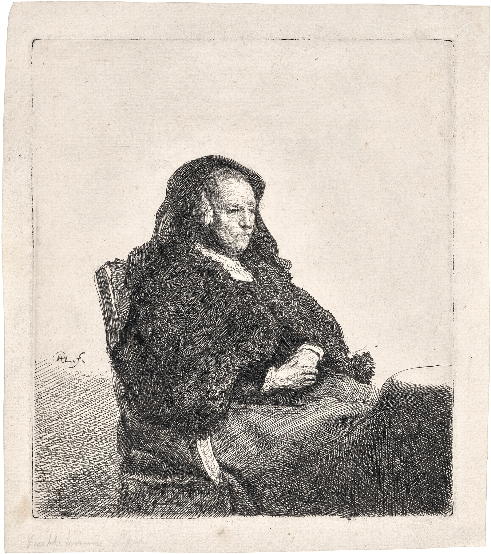 The Artist’s Mother seated at a Table, looking right (circa 1631)