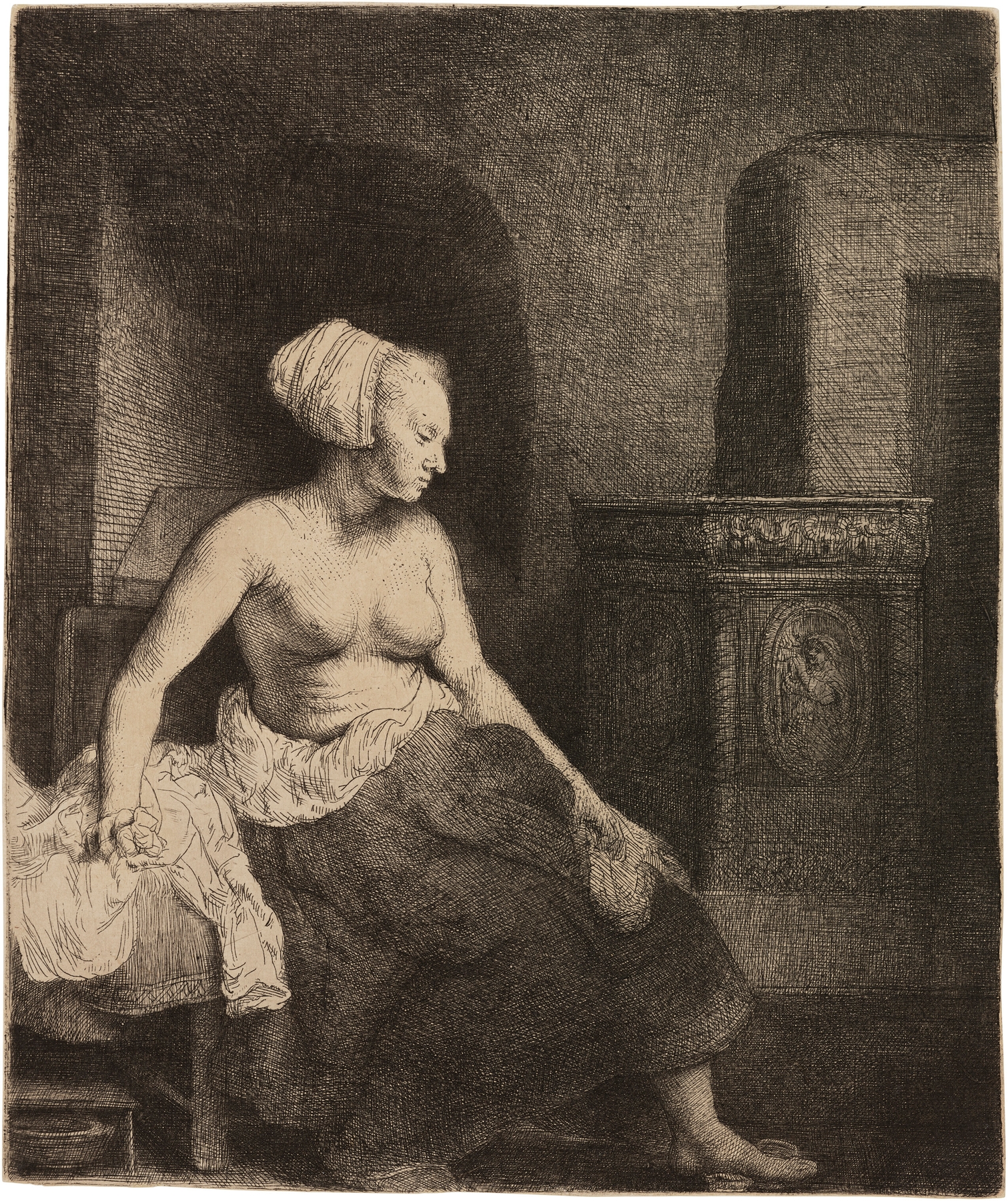 Woman sitting half dressed beside a Stove (1658)