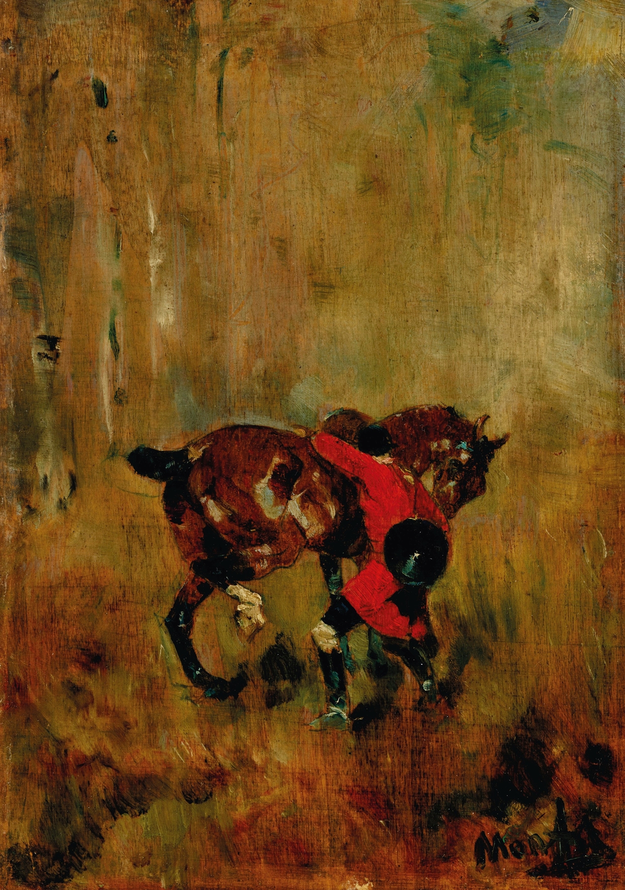 Cavalier de chasse à courre ressanglant son cheval (1880)