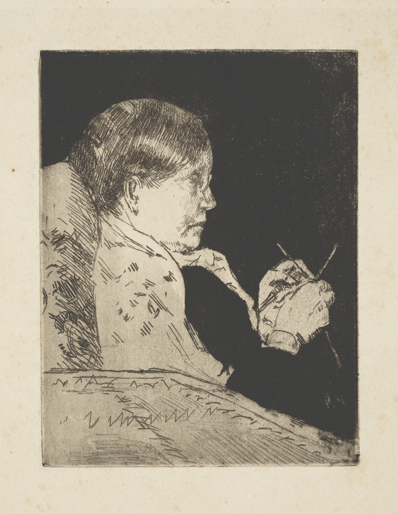 Mrs. Cassatt knitting, profile view