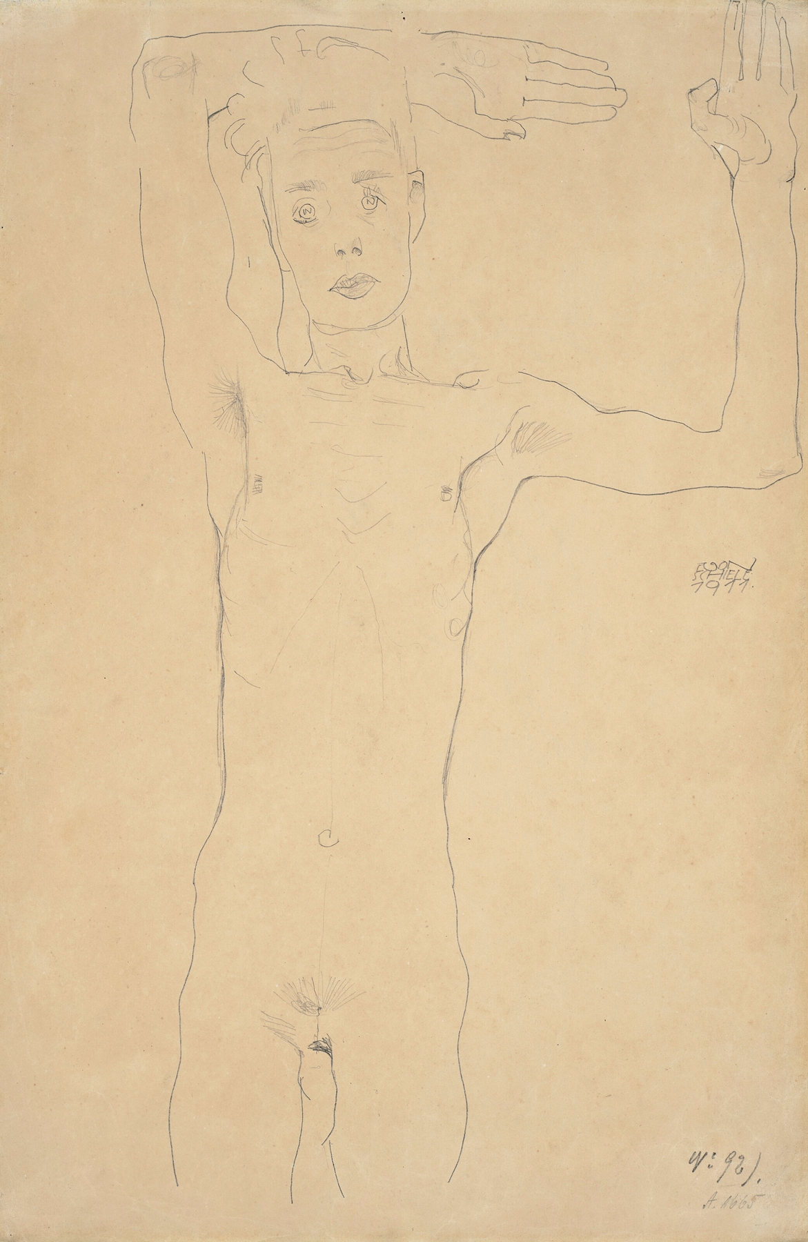 Stehender männlicher Akt mit erhobenen Armen (Selbstbildnis) (1911)