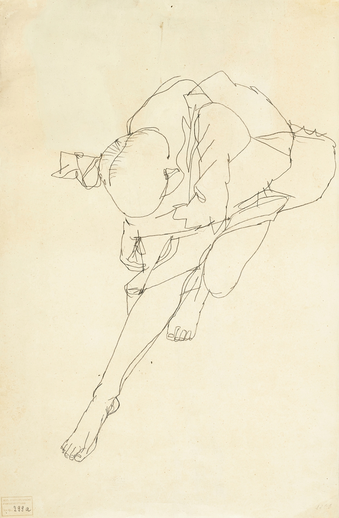 Von oben gesehene, vornübergebeugte weibliche Gestalt (1913)