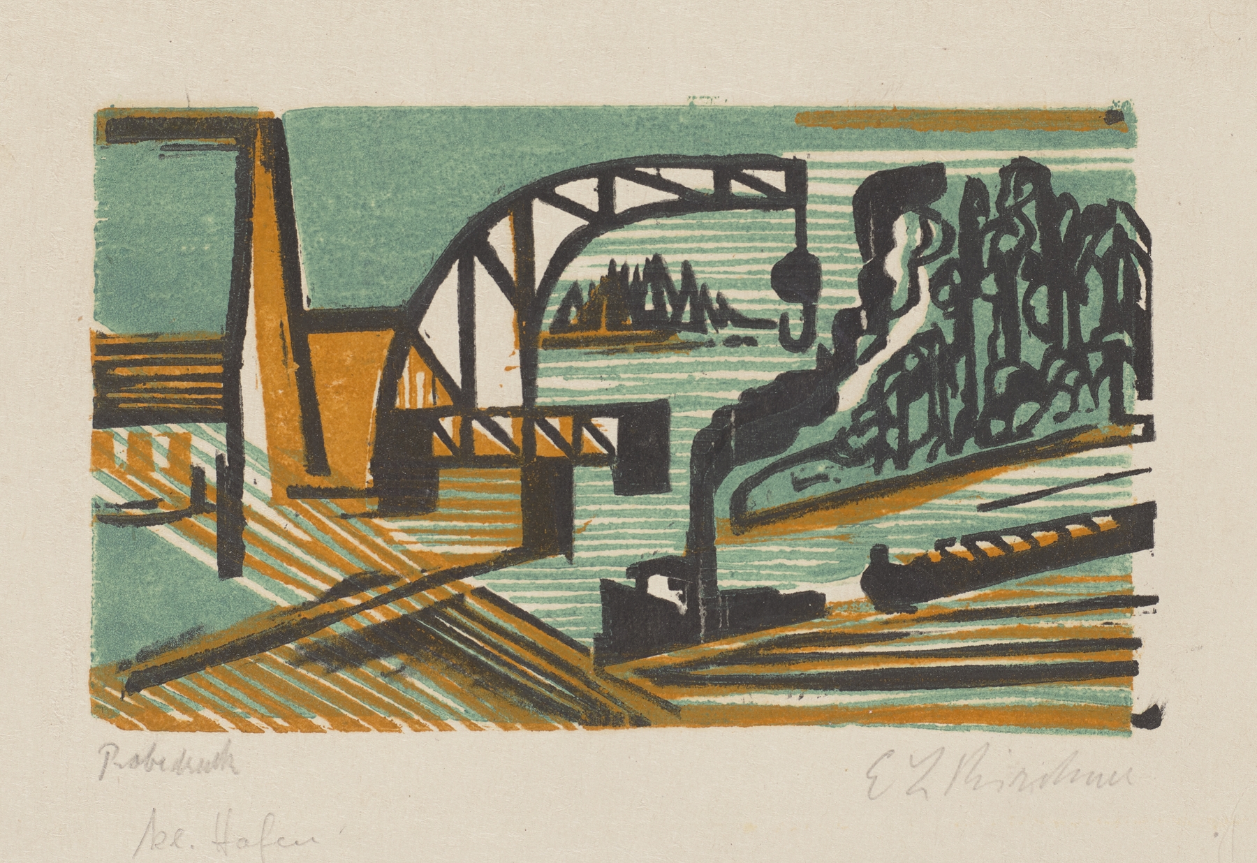 Flusslandschaft mit Kran und Schleppzug (1927 – 1928)