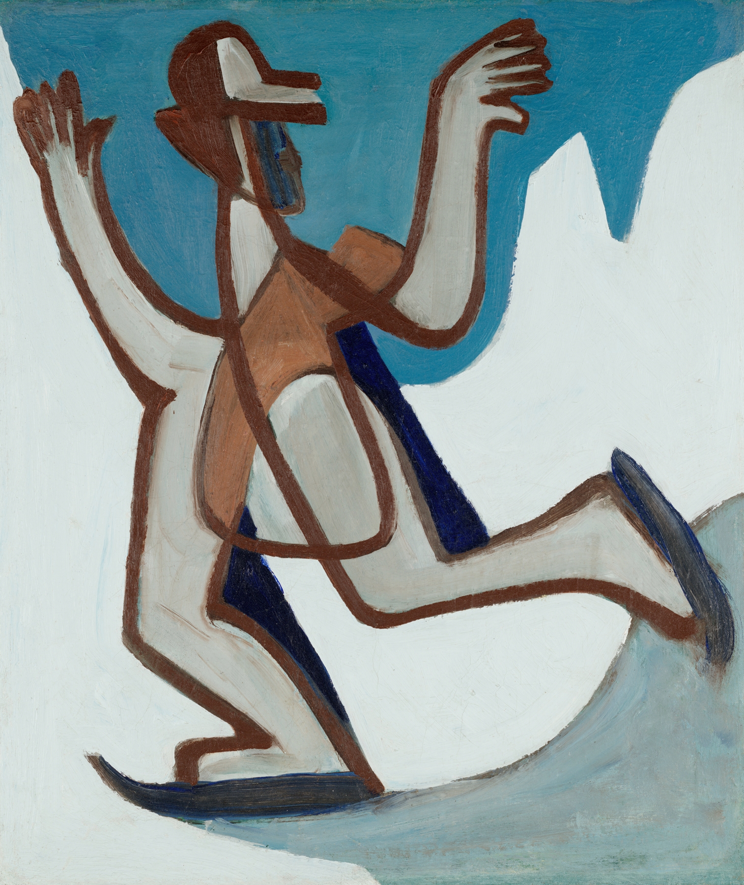 Ice skater sweeping across a frozen lake in the Alps (1929)