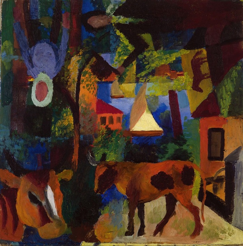 August Macke - Landscape with Cows, Sailboat, and Figures