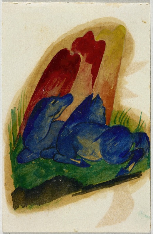 Franz Marc - Two blue horses in front of a red rock