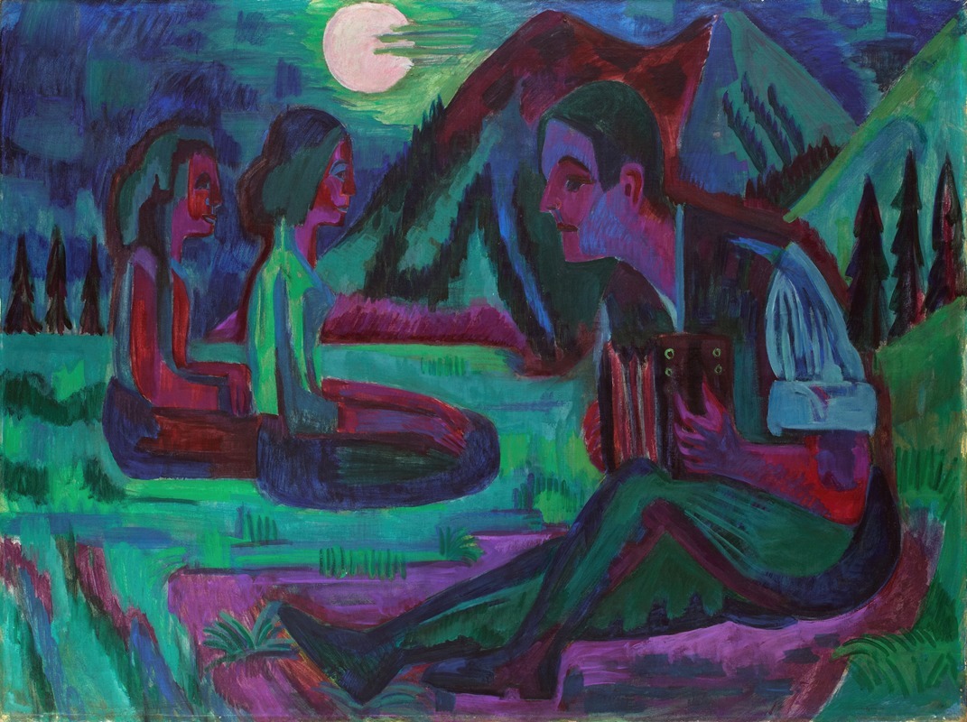 Ernst Ludwig Kirchner - Night Moon, Accordion Player by Moonlight
