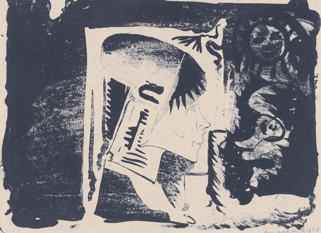 Samuel Jessurun de Mesquita - Fantasie; profielkop naar rechts in een witte rechthoek, omgeven door zwart (rechtsonder is het zwart gewassen)