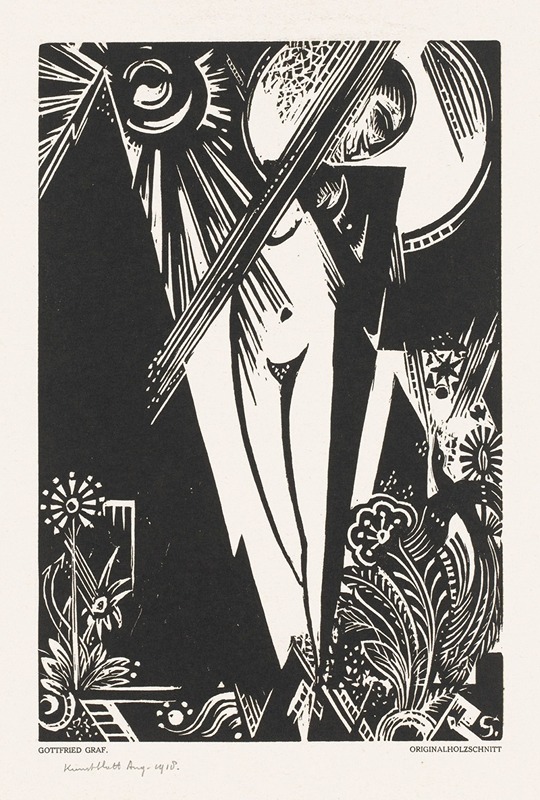 Gottfried Graf - Staande vrouw, zon, maan en bloemen