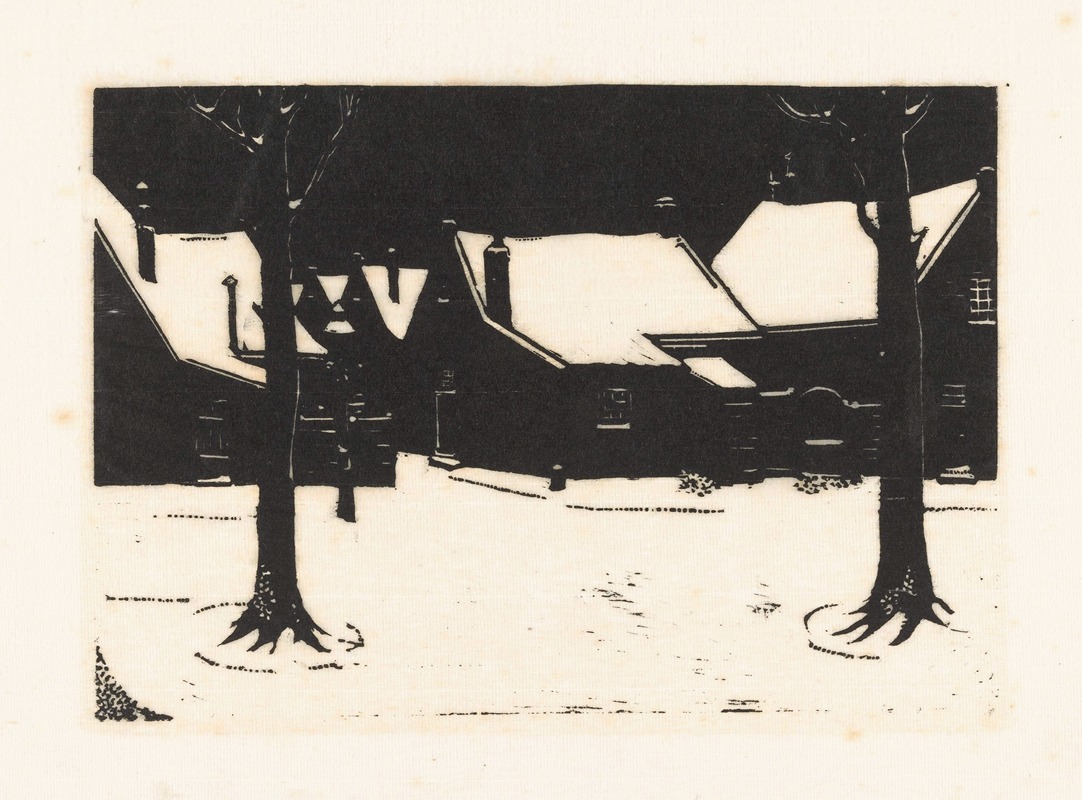 Dick Ket - Besneeuwd plein met twee bomen